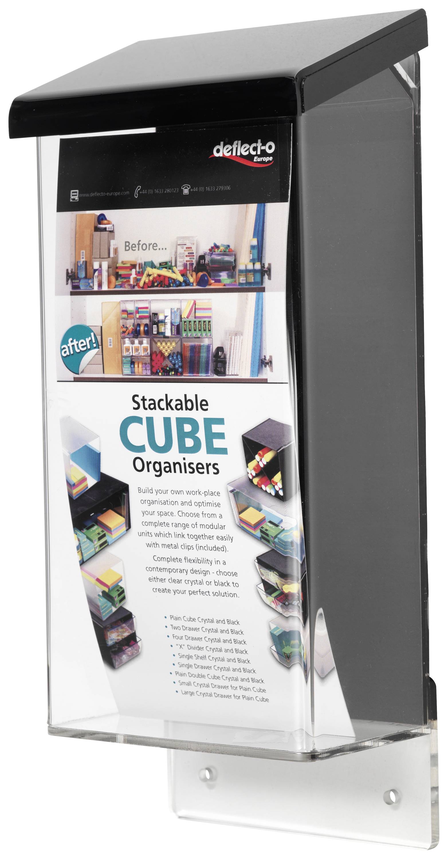 A brochure holder with an advertising leaflet for stackable CUBE organisers, showcasing various potential uses.