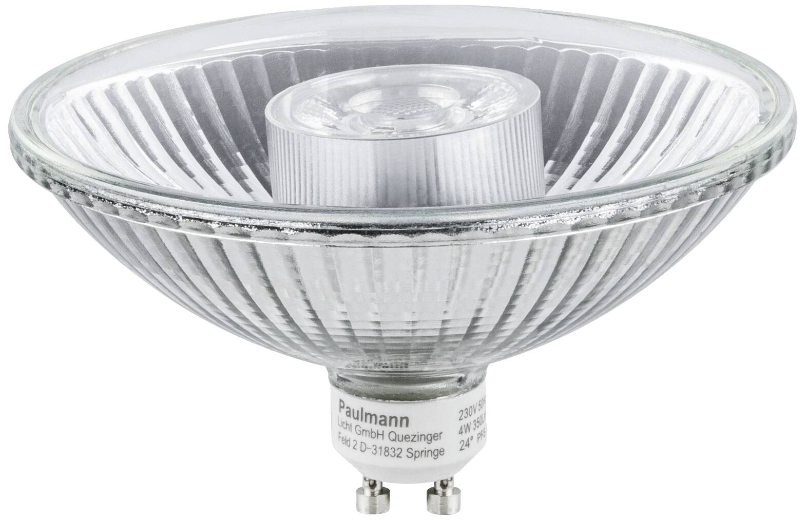 Halogen reflector lamp with GU10 base, clear glass, textured surface, suitable for spotlight fittings.