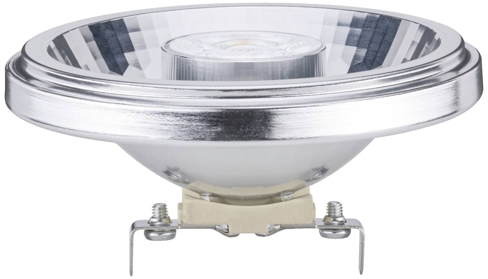 A reflective, silver spotlight with a clear lens and metal mounting, suitable for lighting applications.
