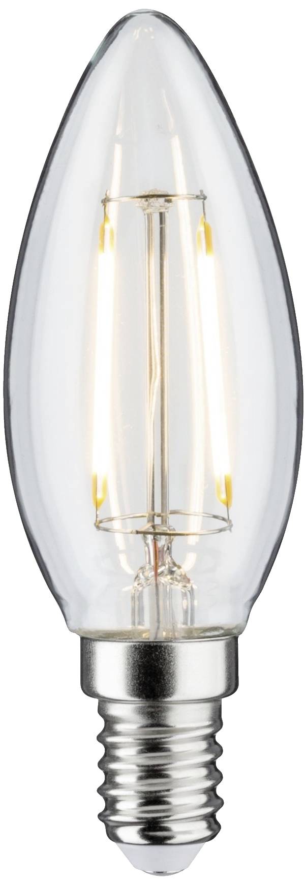A glowing LED candle lamp with a clear casing and silver base, emitting warm white light.
