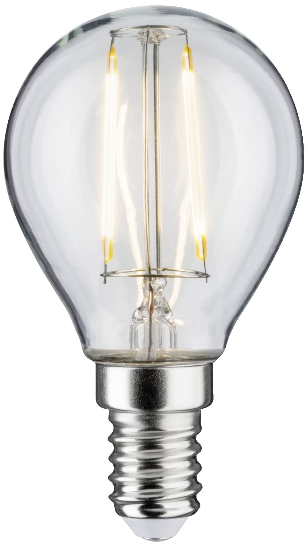 Light bulb with visible filament, switched on, against a white background.