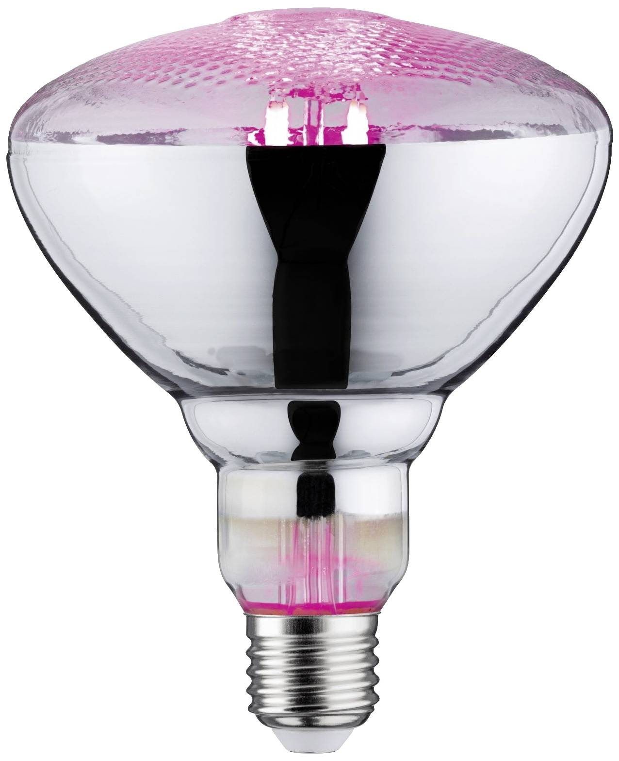 A light bulb with a reflective housing, tinted pink at the top. Suitable for special lighting purposes.