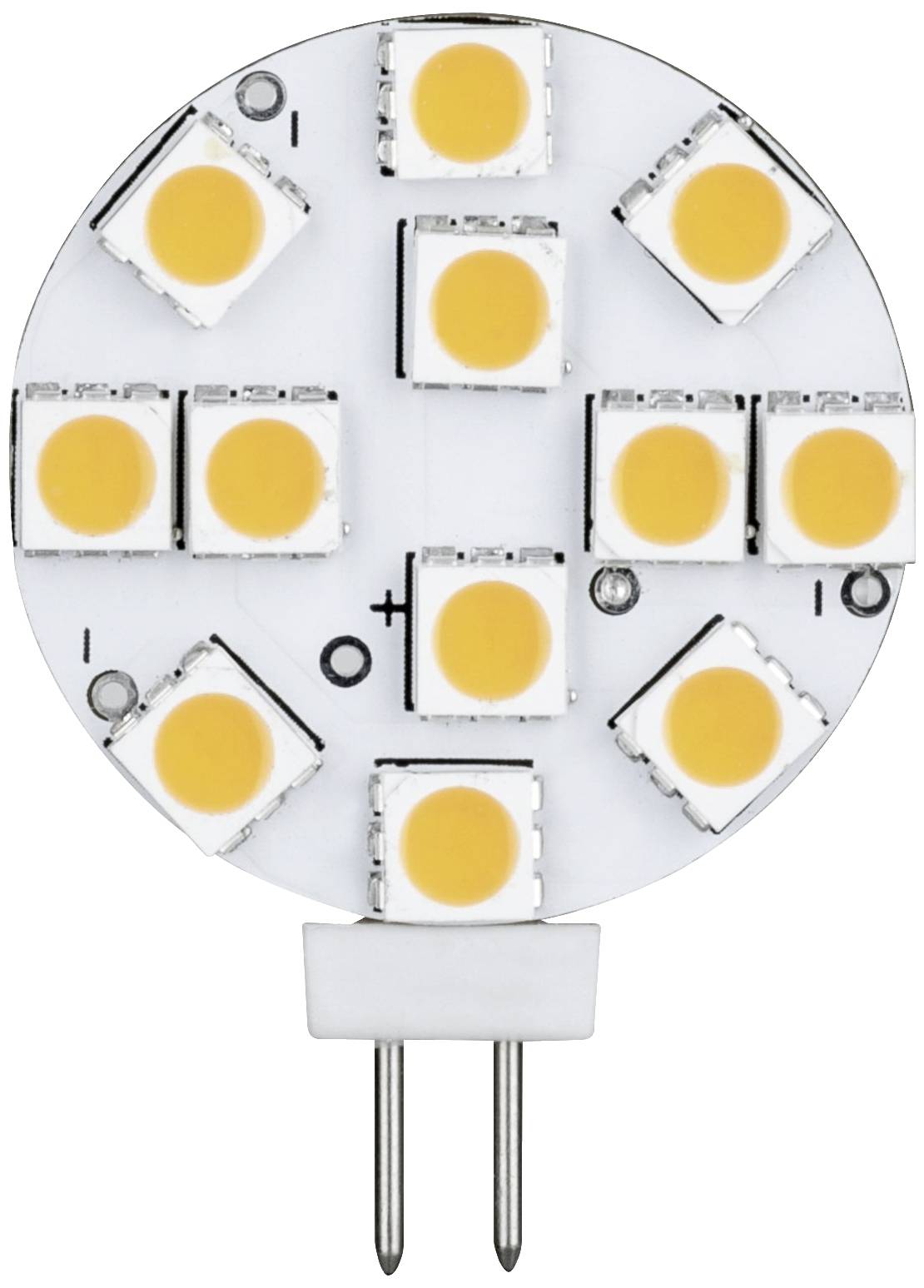 Round LED lamp with 10 yellow light elements on a white background. Two metal pins protrude from the bottom.