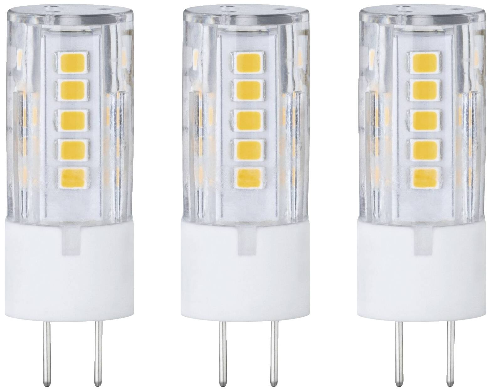 Three clear LED light bulbs with a base. Each bulb displays yellow LED diodes arranged vertically.