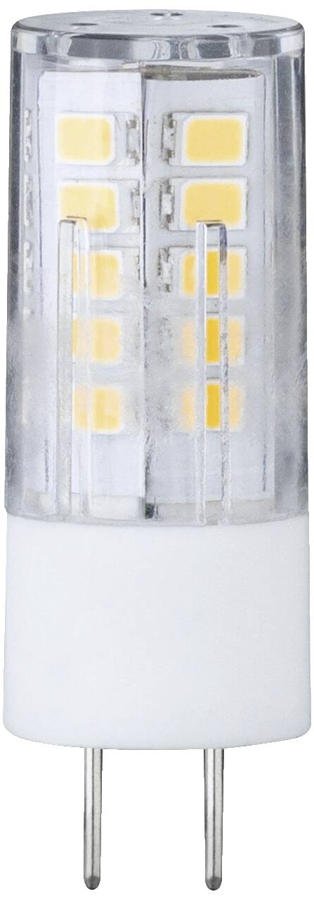 A LED bulb with a G9 socket displays numerous illuminating diodes that emit warm white light. Ideal for energy-efficient lighting.