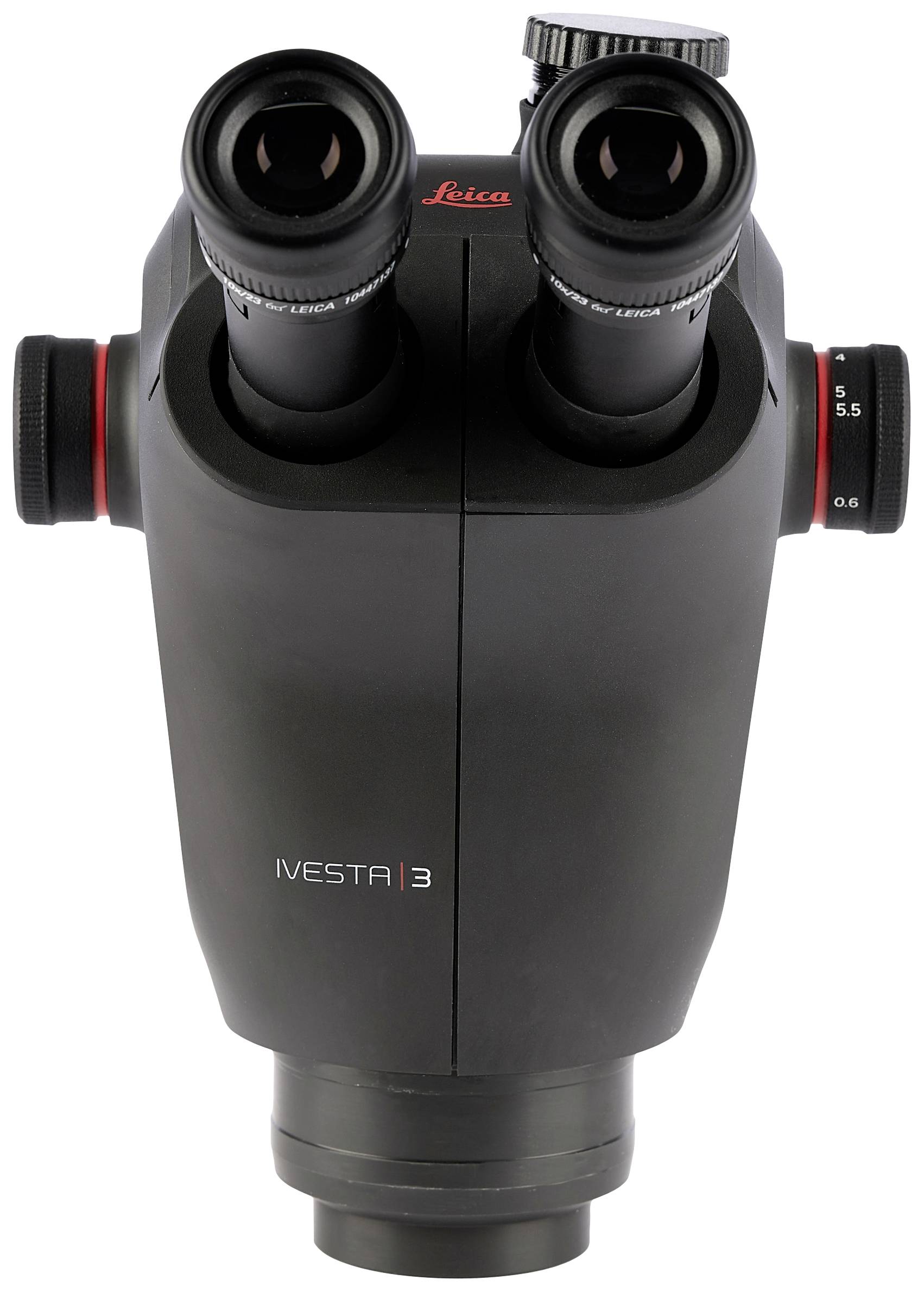 A black, modern microscope with two eyepieces and red accents, marked with 'IVESTRA 3' at the top and a red logo.