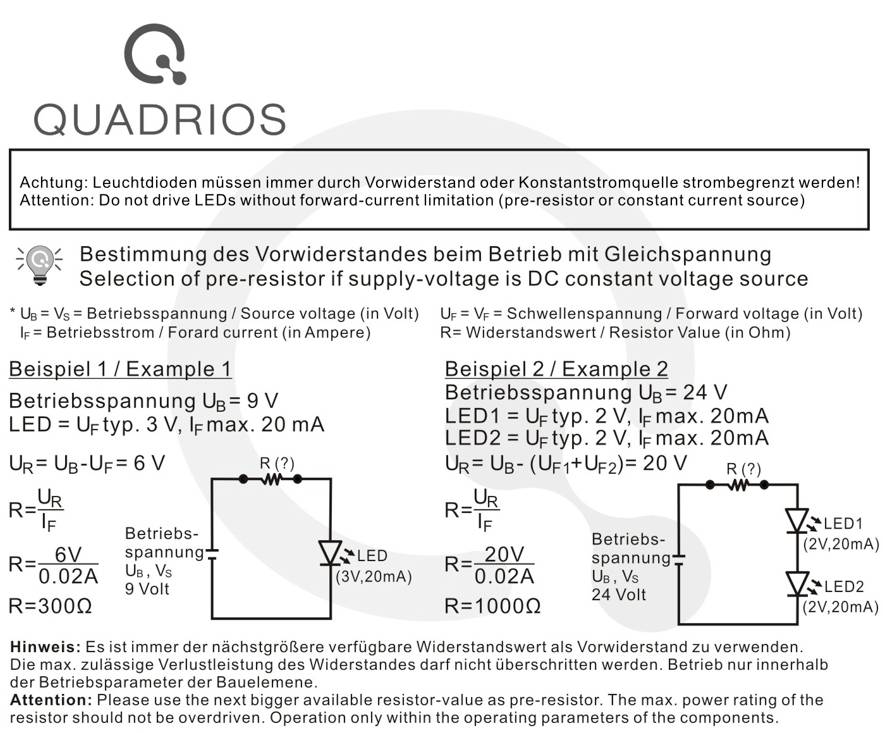 Circuit diagram for calculating the series resistor for LEDs, showing two example circuits with voltage, current, and formulas.
