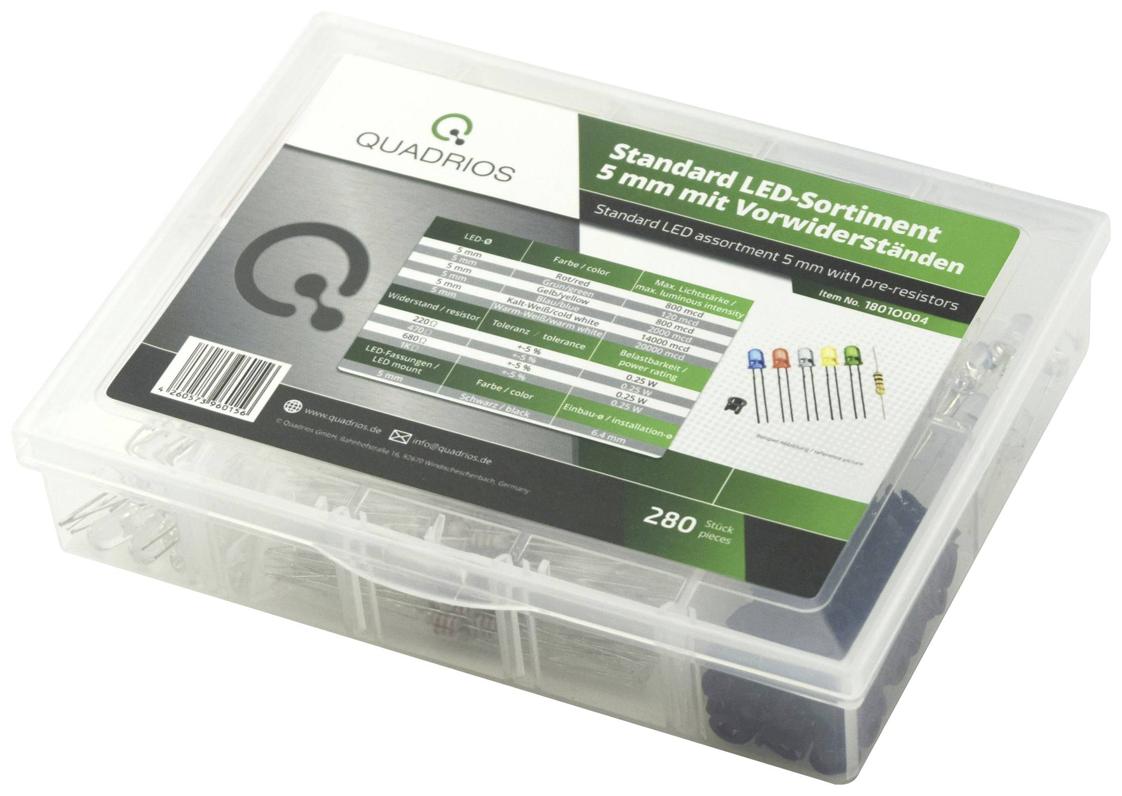 Plastic box with LED assortment, various colours, 5 mm, with pre-resistors, Quadrios brand, 280 pieces in total.