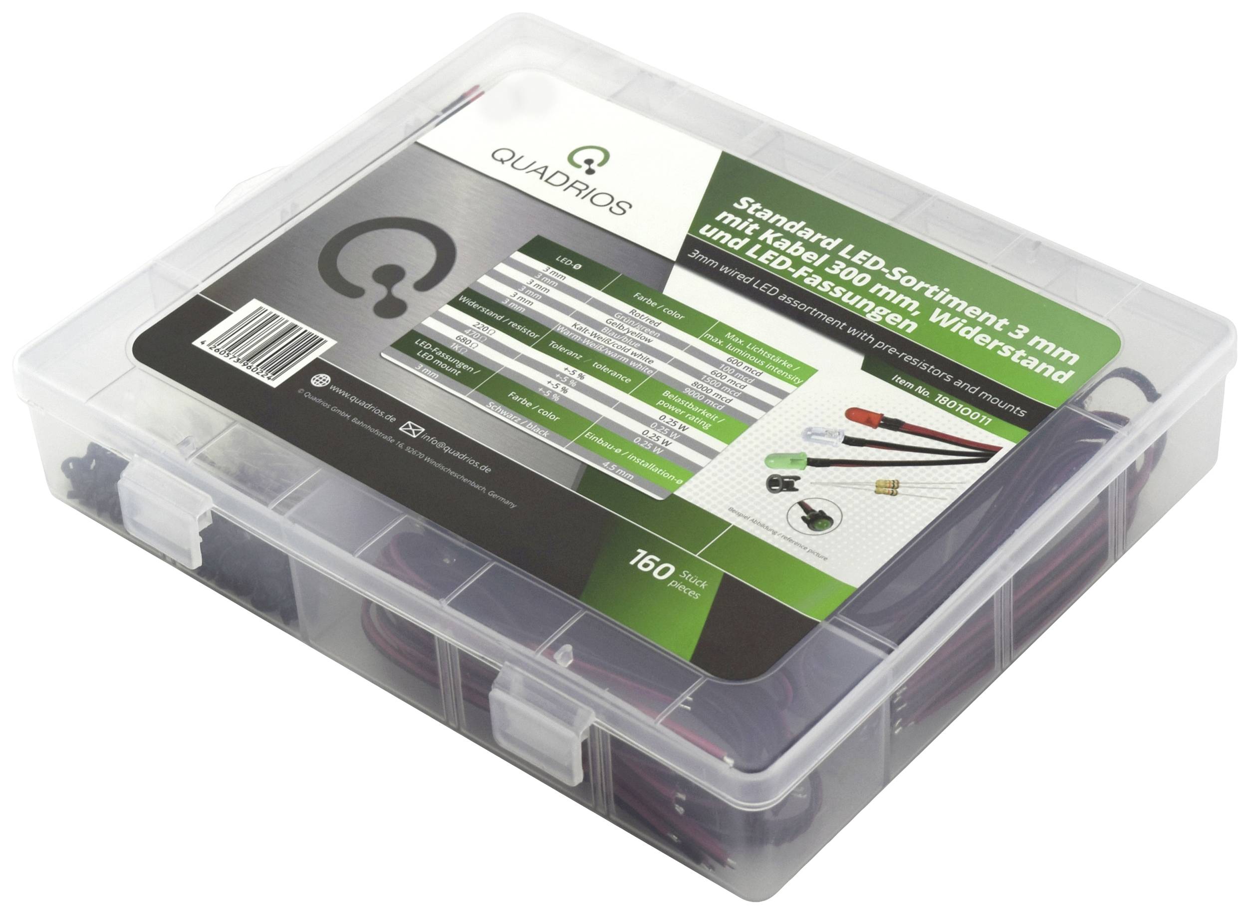 Box labelled 'Quadrios', containing an LED assortment. The packaging lists specifications and contents.