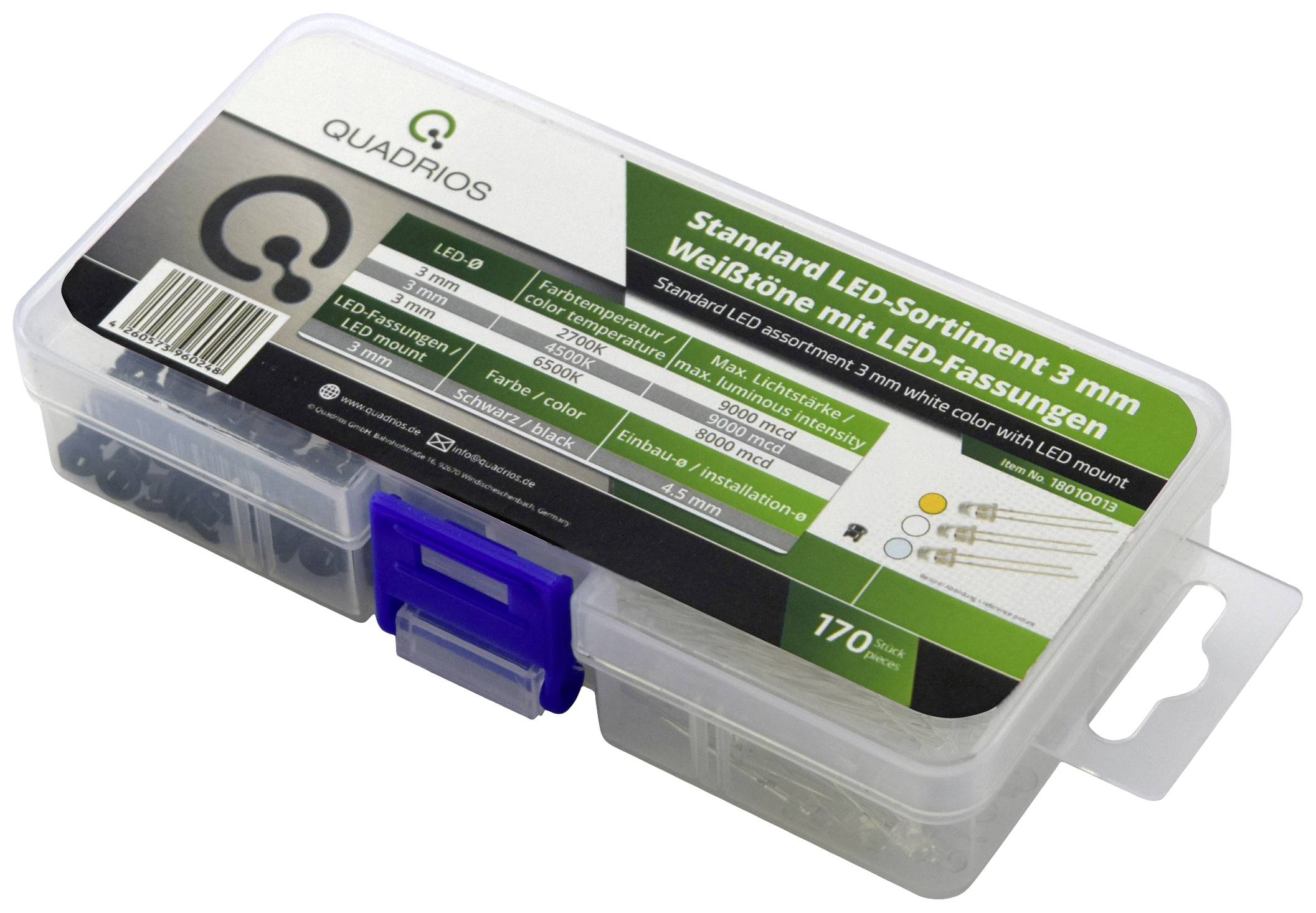 Plastic box labelled 'Standard LED Assortment 3 mm White Shades with LED Holders', containing 170 LEDs and holders.