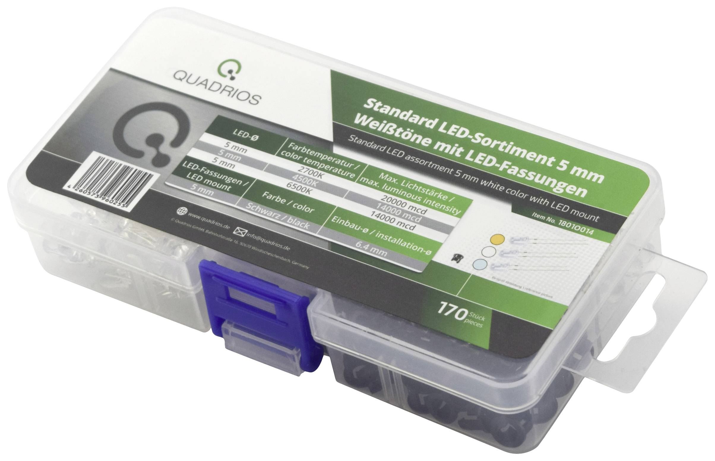 Plastic box labelled 'Standard LED Assortment 5 mm White Shades with LED Holders, 170 Pieces'. Contains various LEDs.