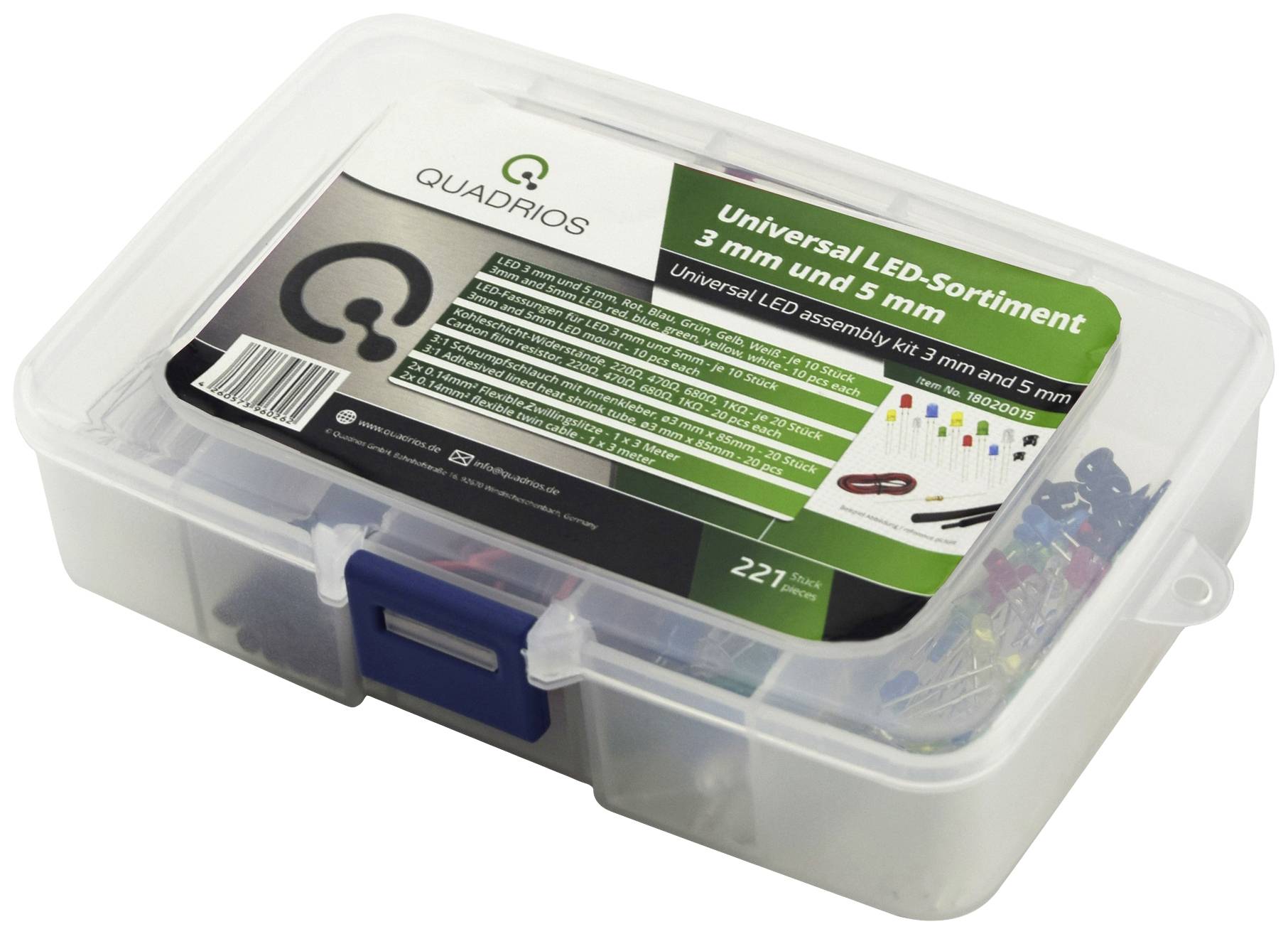 'Universal LED Assortment 3 mm and 5 mm' in a transparent plastic box with various LED colours and shapes.