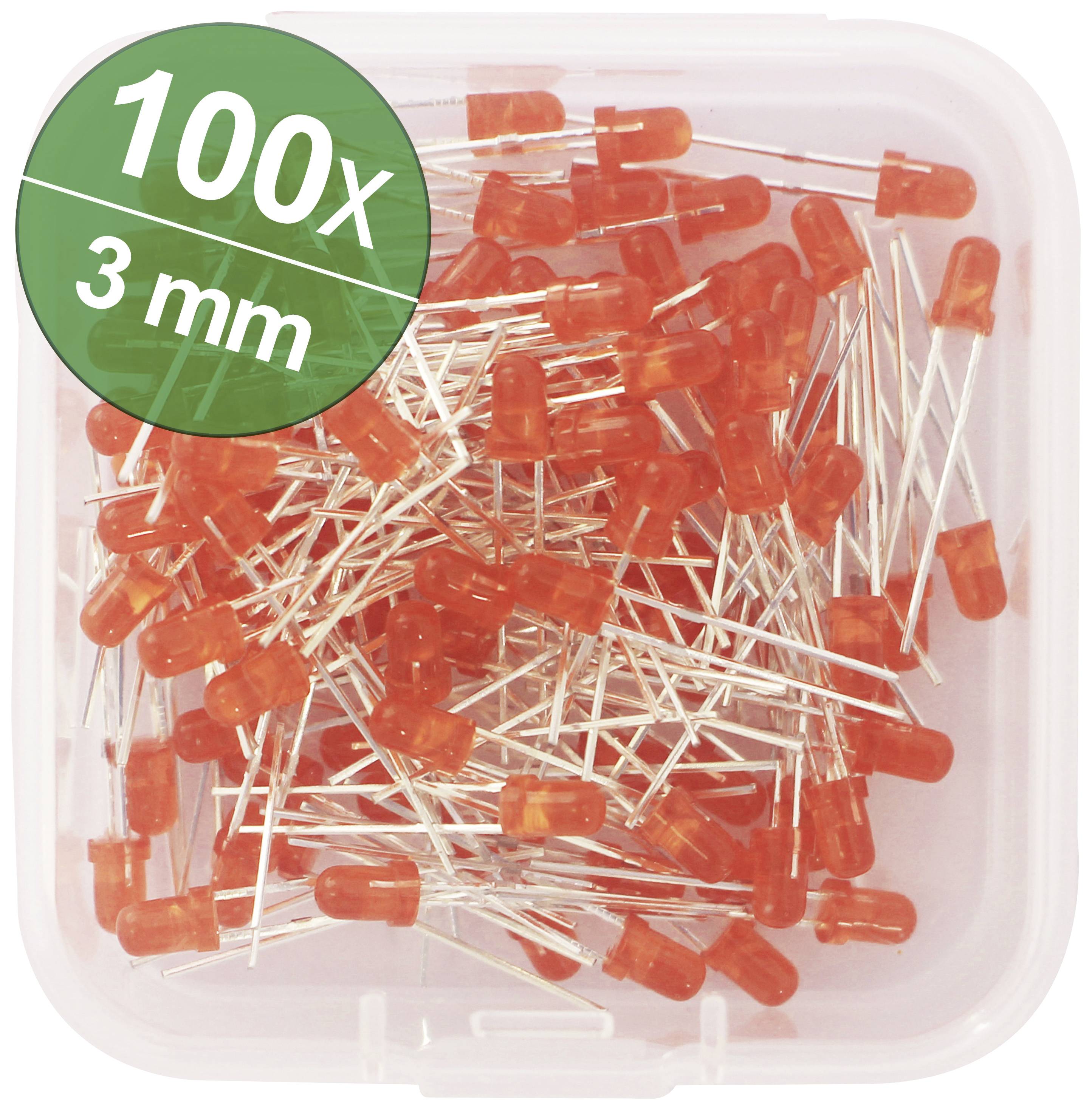 Translucent plastic box with 100 red LEDs, 3 mm in size.