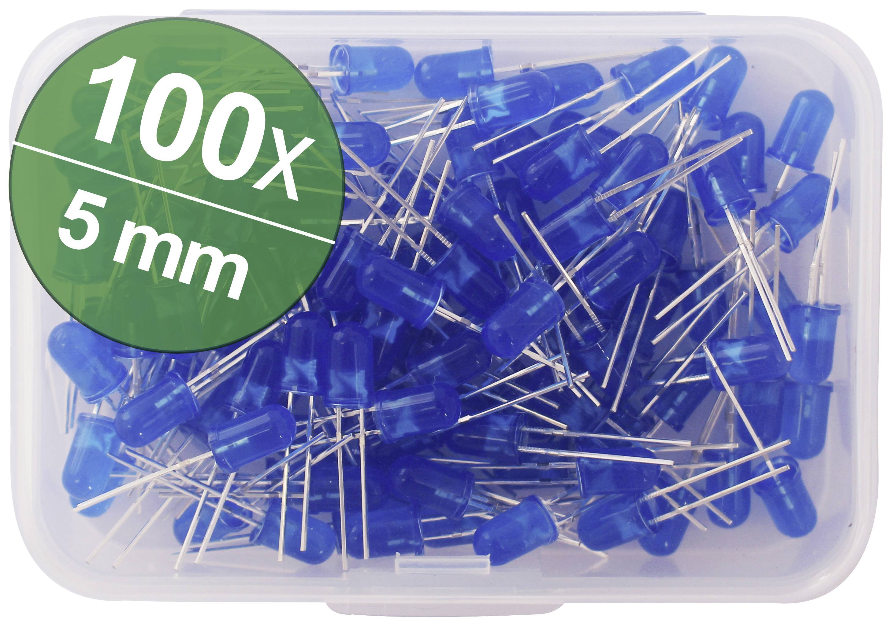 '100 blue LEDs, 5 mm' in a transparent plastic box, with a green circle visible on it featuring the inscription '100x 5 mm'.