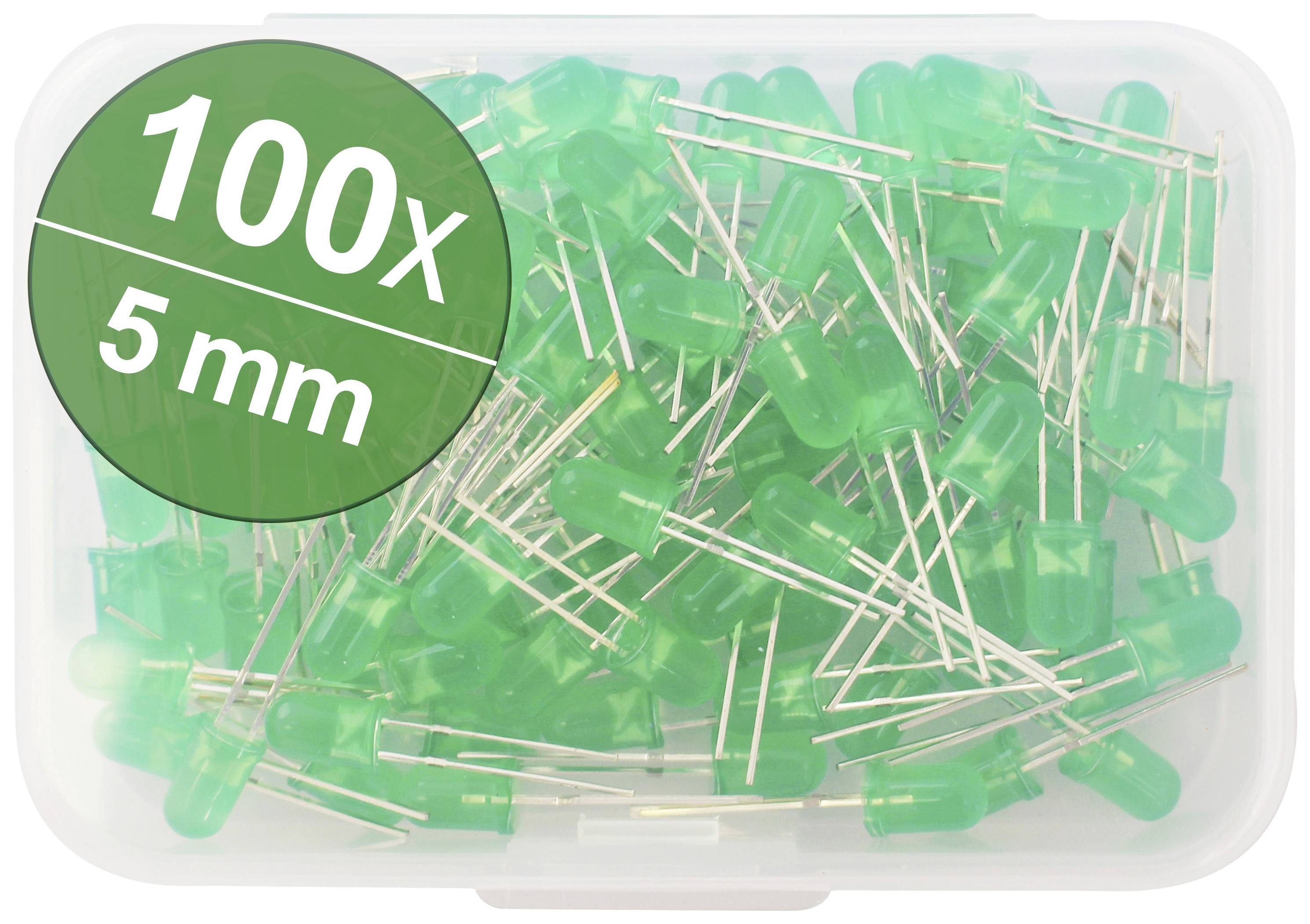 Transparent box with 100 green 5 mm LEDs.