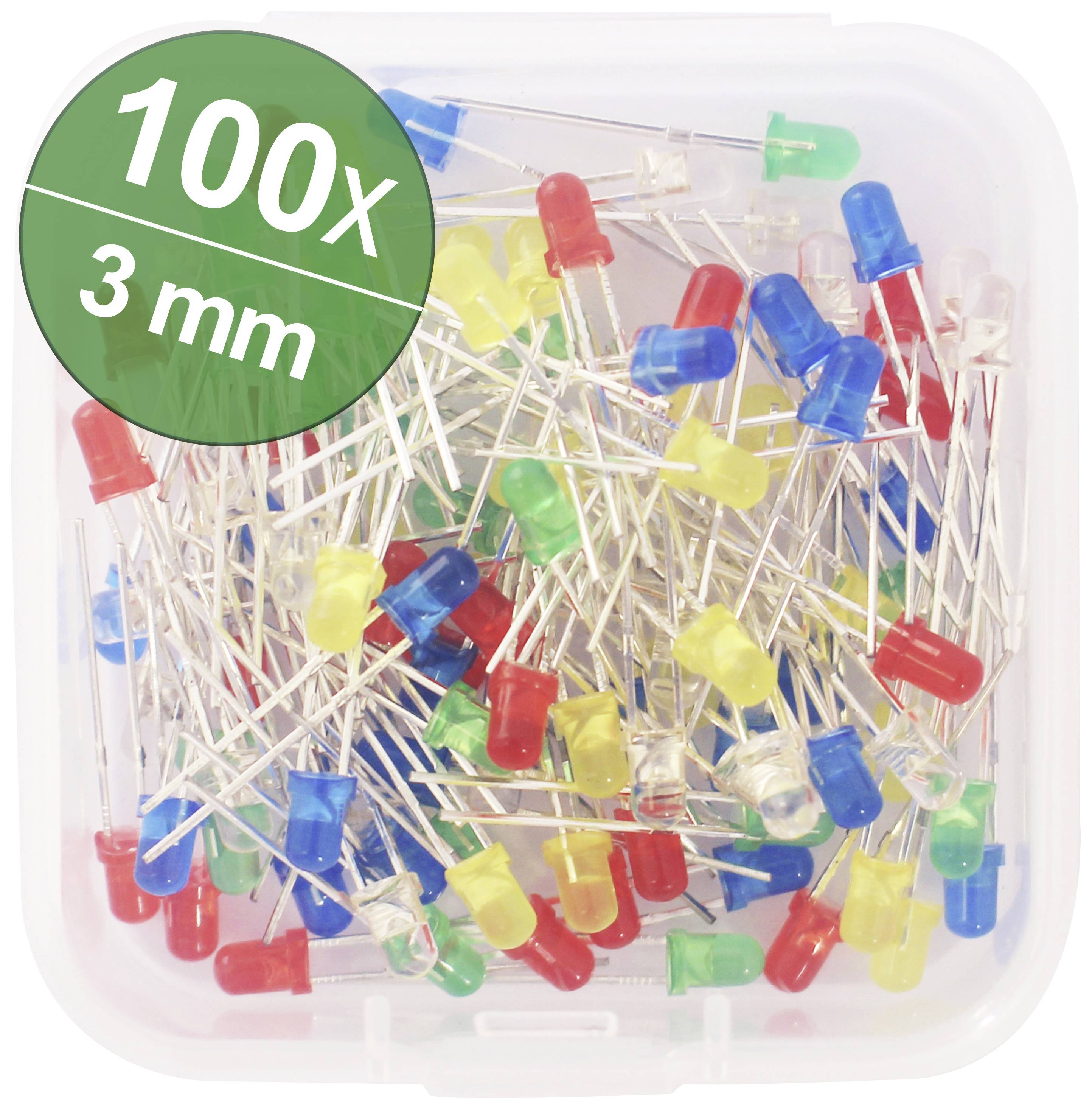 '100x 3 mm' LEDs in red, yellow, green, blue in a plastic box.