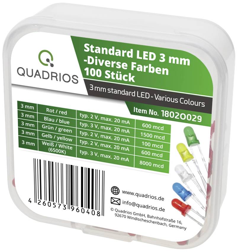Packaging containing 100 LEDs in various colours (Red, Blue, Green, Yellow, White), 3 mm size, each with technical specifications.