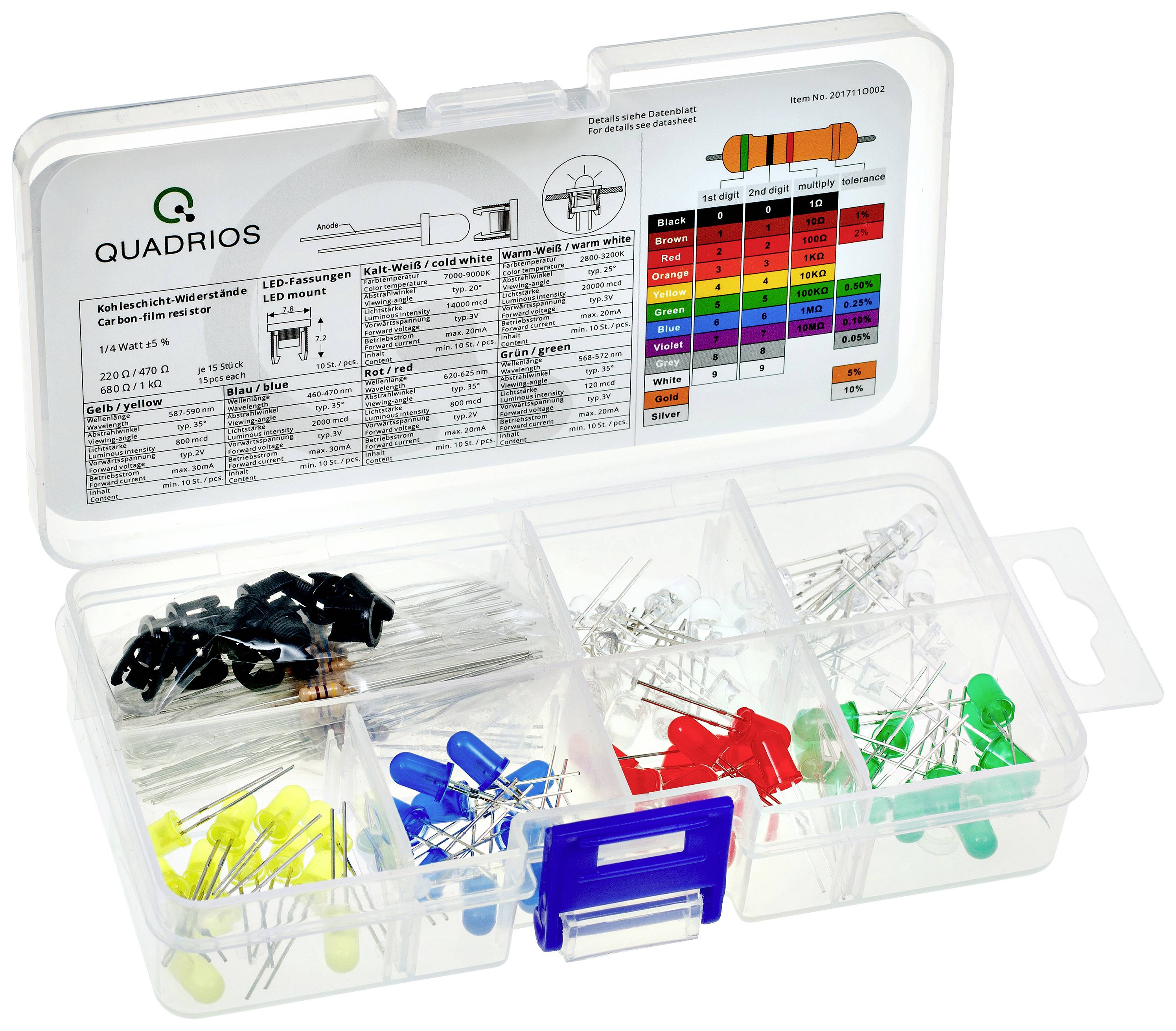 Quadrios LED set Red, Green, Yellow, Blue, Cold white, Warm white 5 mm 20 mA, 30 mA 2 V, 3 V