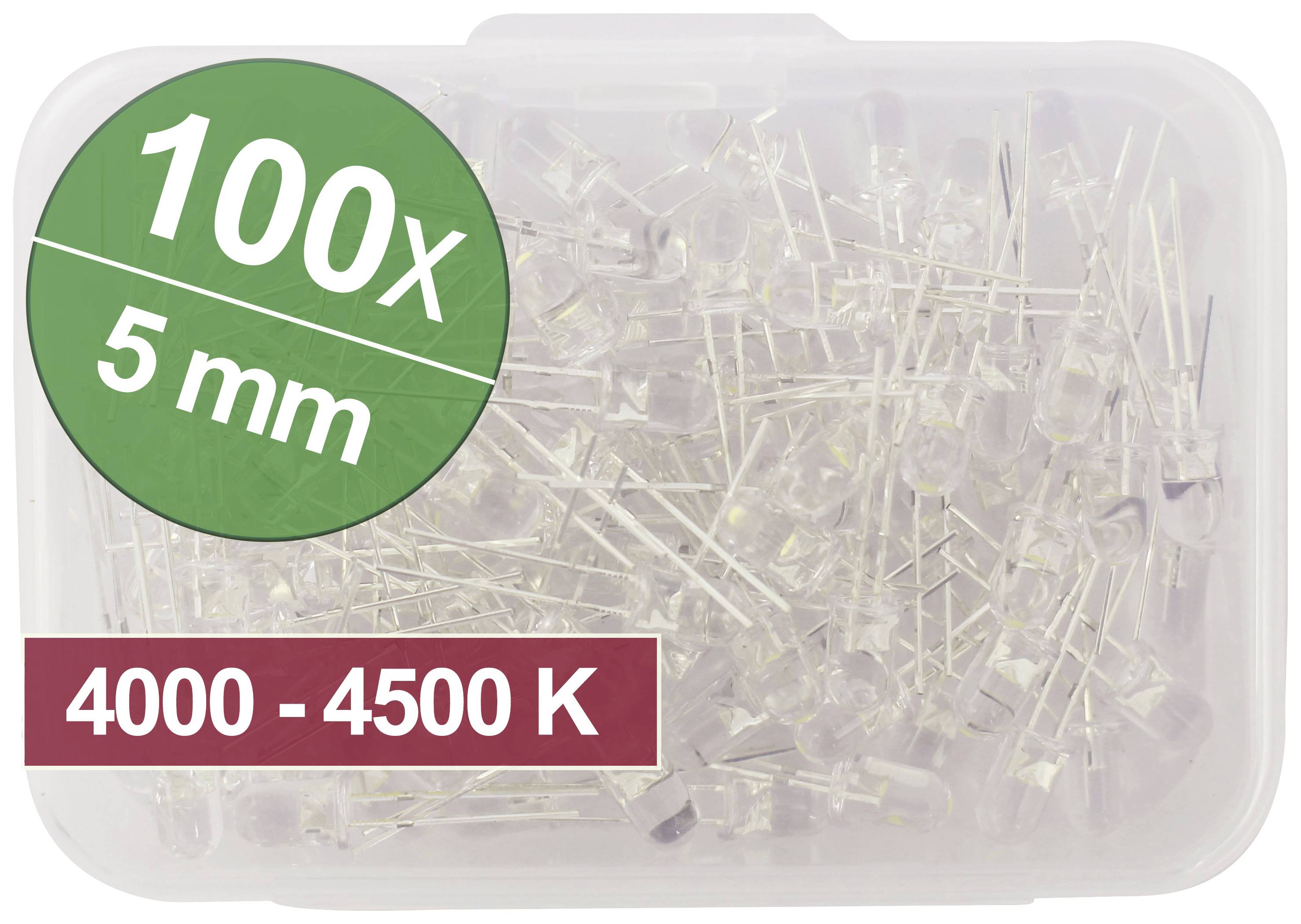 Box of 100 transparent LEDs, size 5 mm, colour temperature range 4000 - 4500 K.