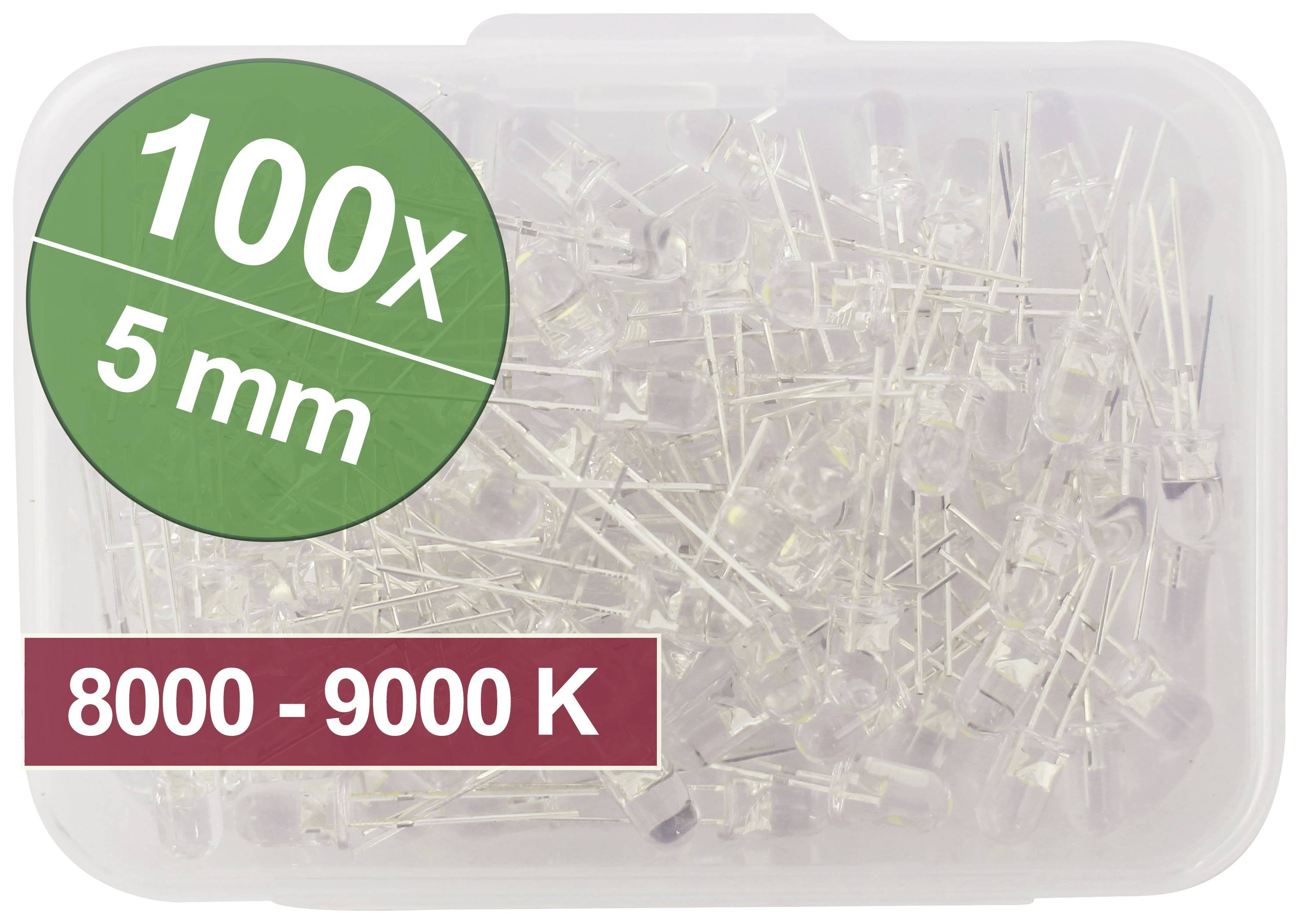 Plastic box containing 100 transparent LEDs, 5 mm in size, colour temperature range 8000 - 9000 K, with green labelling on the box.
