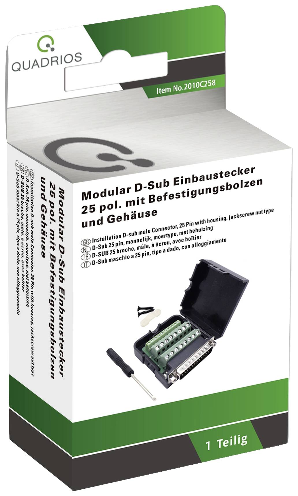 'Modular D-Sub Panel Mount Connector 25 pin with Mounting Bolt and Housing.' Packaging with picture of connector and accessories.