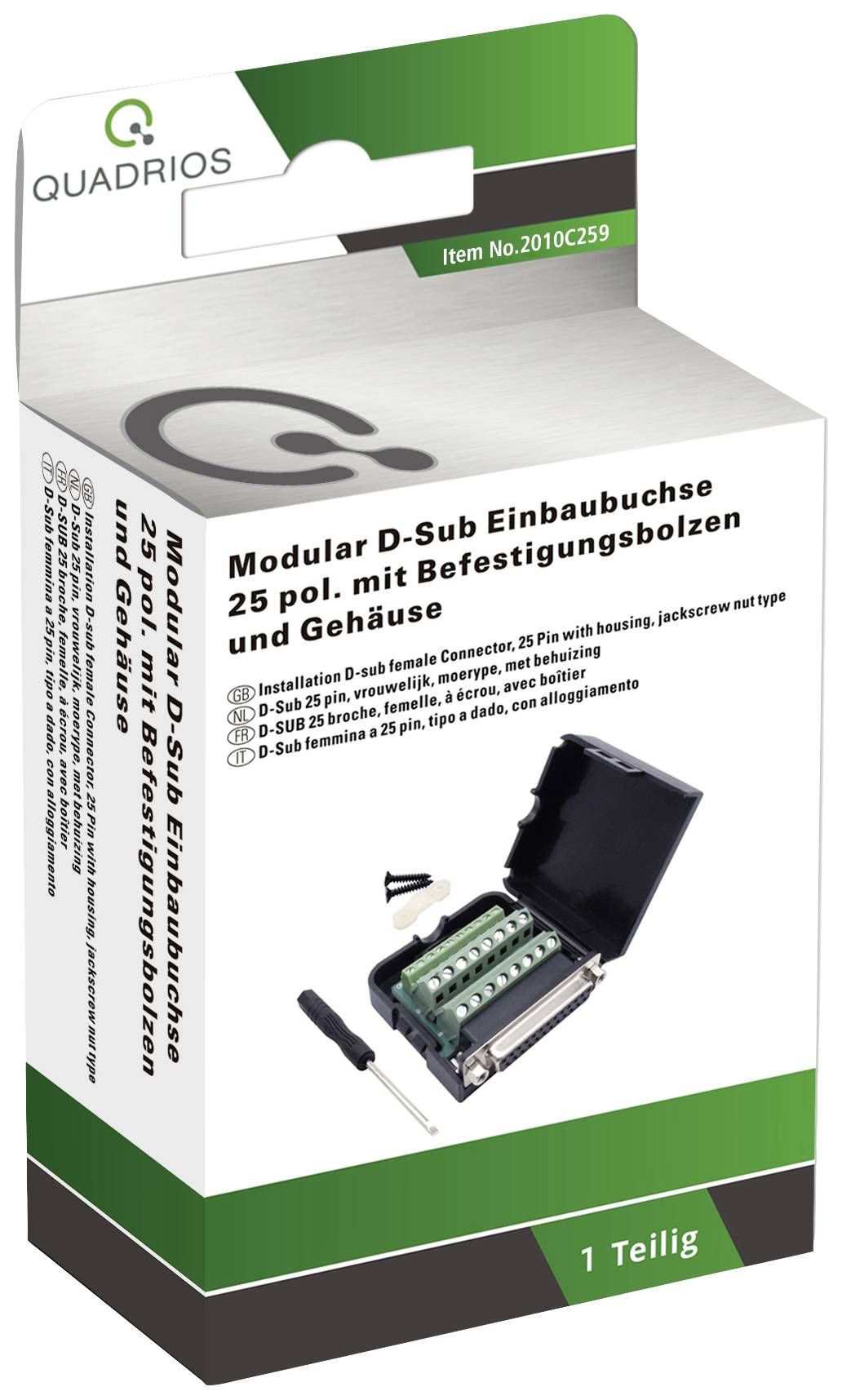 Packaging for a modular D-Sub panel-mount socket with 25 pins. Includes mounting bolts, housing and tool. Brand: Quadrios.