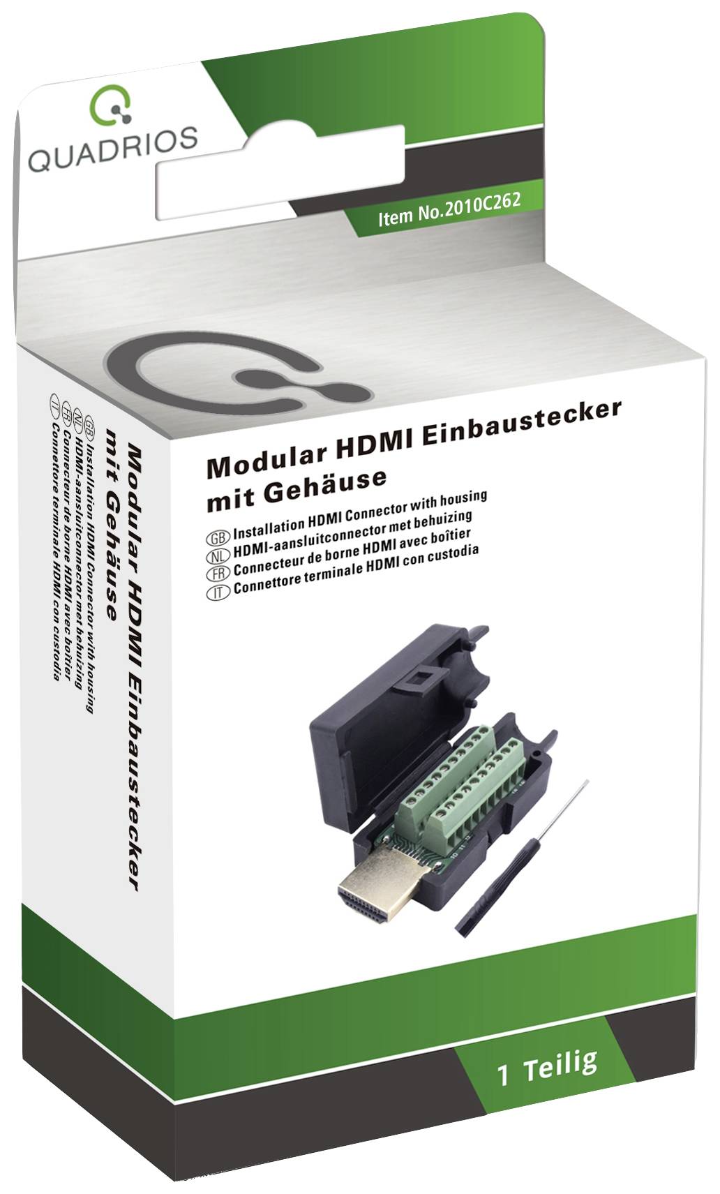 'Modular HDMI Panel-Mount Connector with Housing' packaging, showing an HDMI plug with a green connector housing and screwdriver.