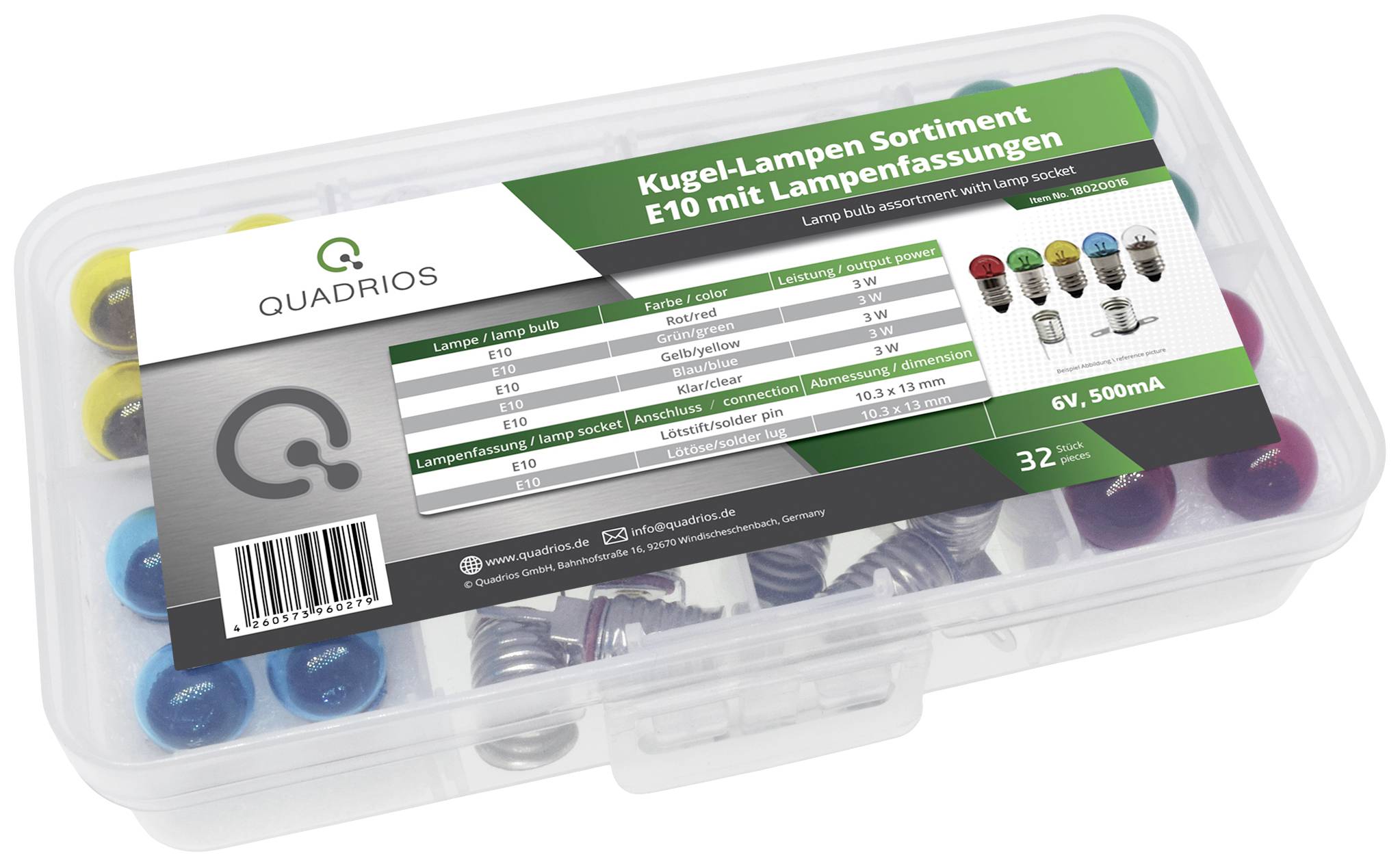 Plastic box containing 'E10 Ball Lamp Assortment with Lamp Holders', includes coloured light bulbs. Brand: Quadrios. 32 pieces, 6V, 500mA.