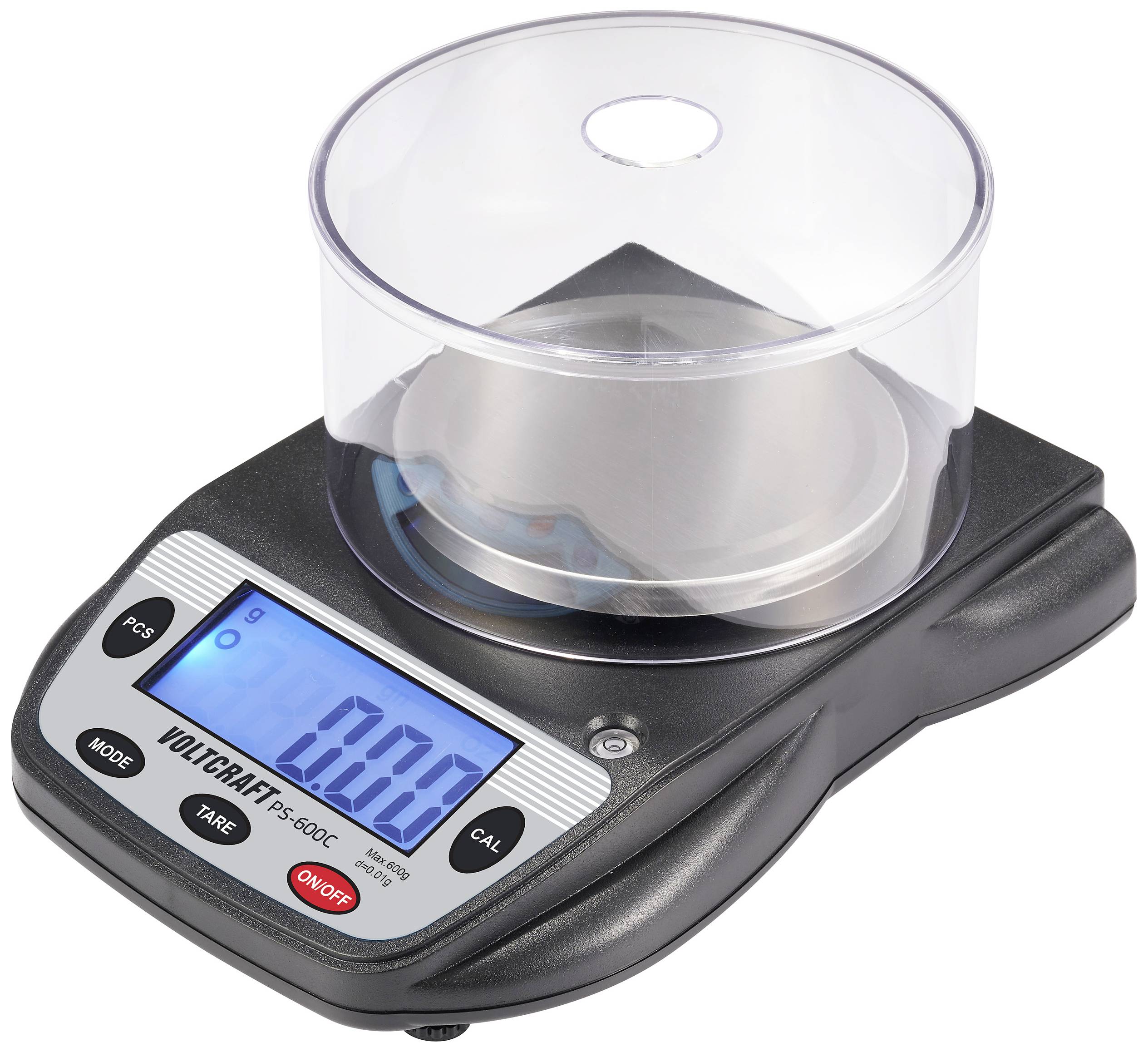 Digital kitchen scales in black design with a blue-illuminated display showing '0.00'. Transparent weighing bowl for measurements.