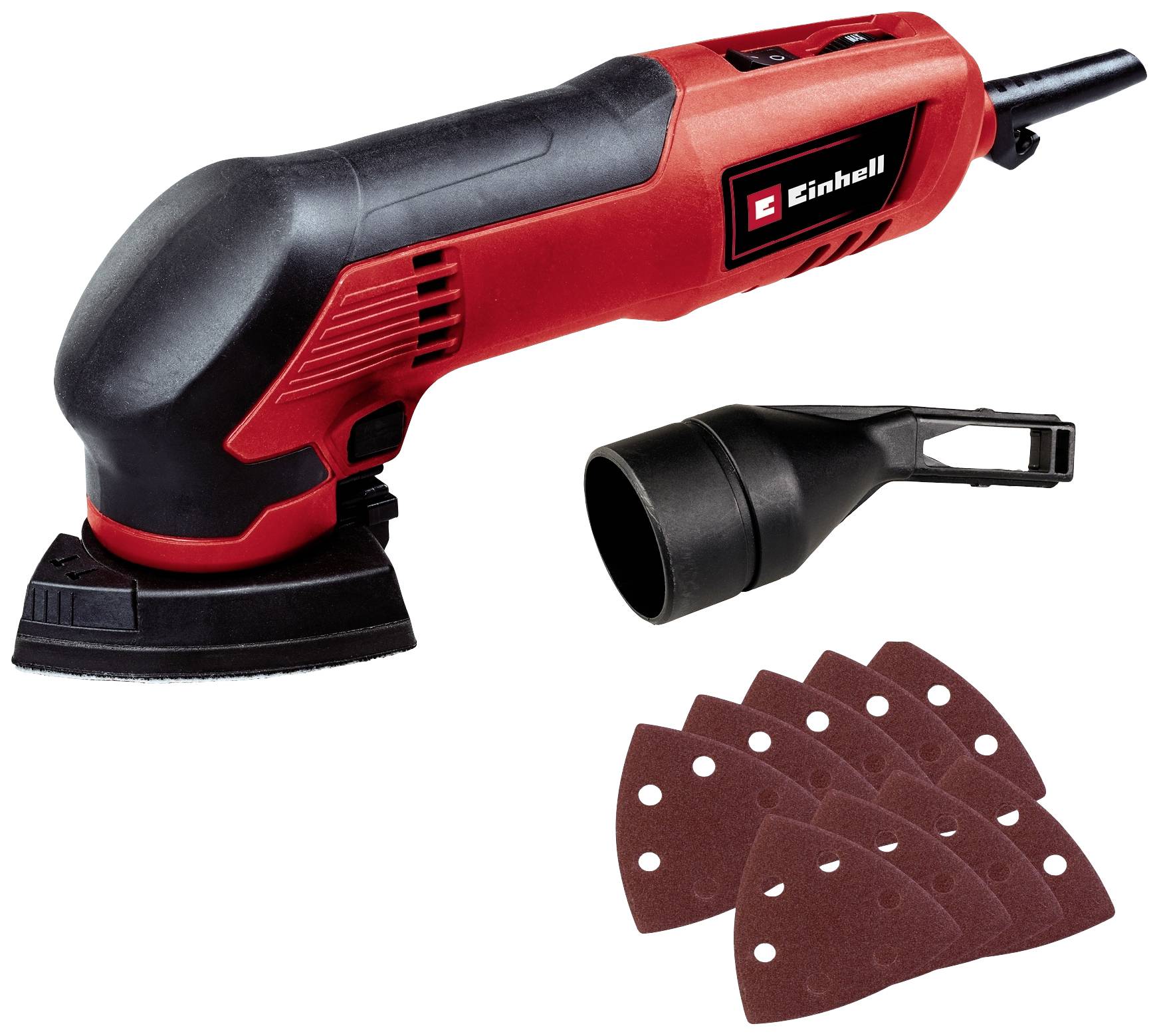 Red multi-function sander with a black handle, alongside sanding papers and accessories. Einhell brand logo on the device.