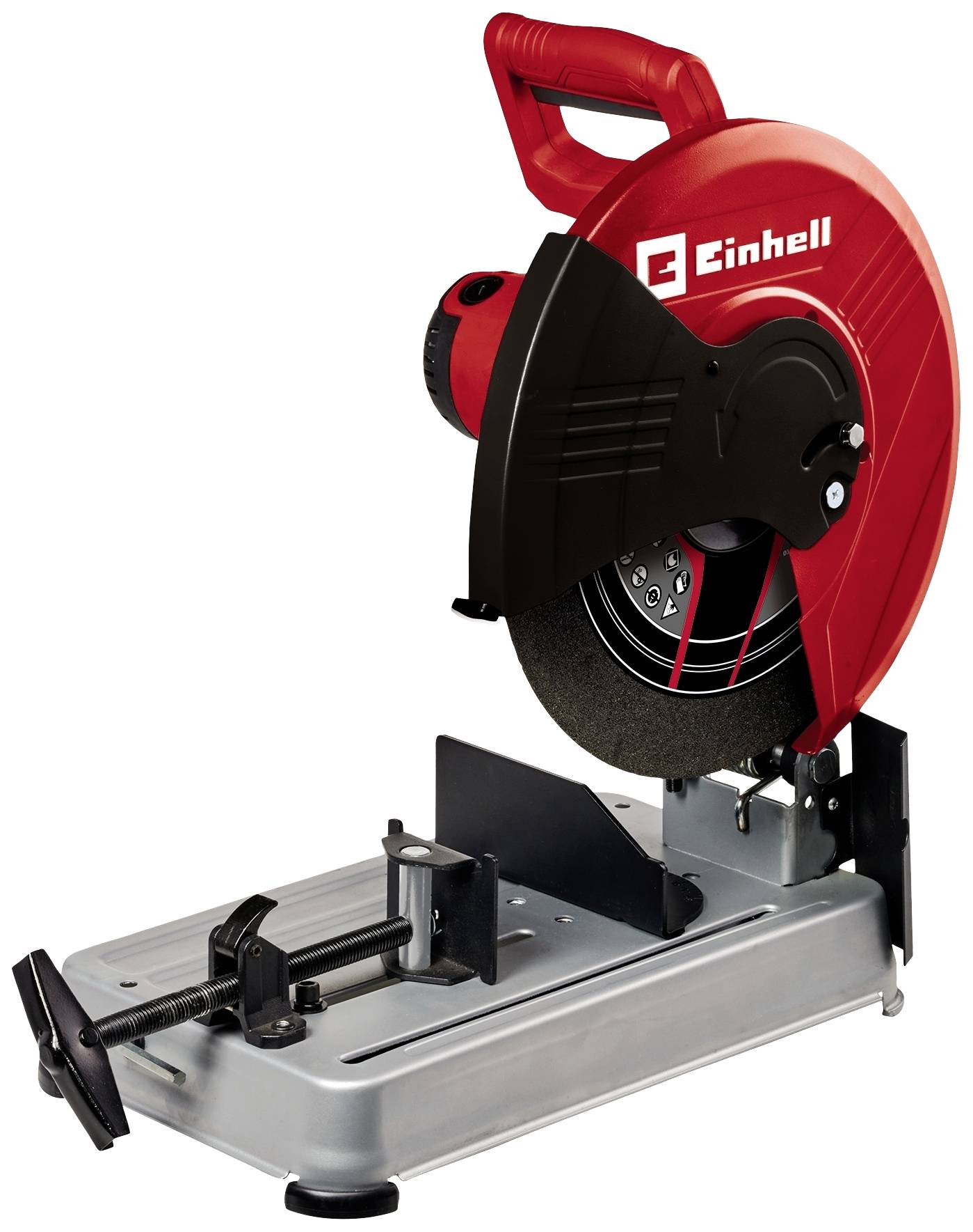 Einhell metal cutting saw with a red housing and cutting protection element, mounted on a robust metal stand.