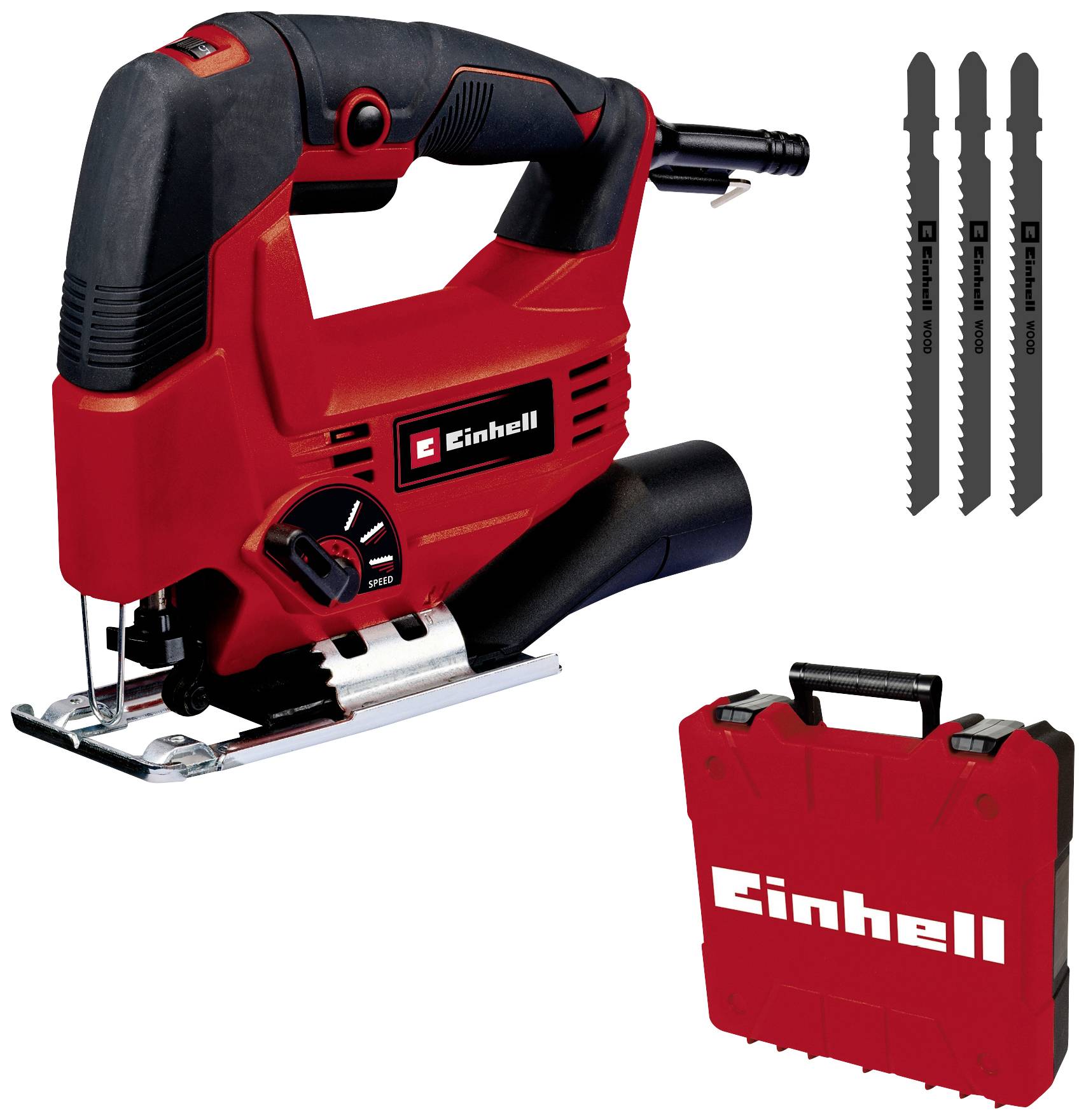 Red jigsaw with Einhell logo, three saw blades and a carry case. Tool for precise woodworking or metalwork.
