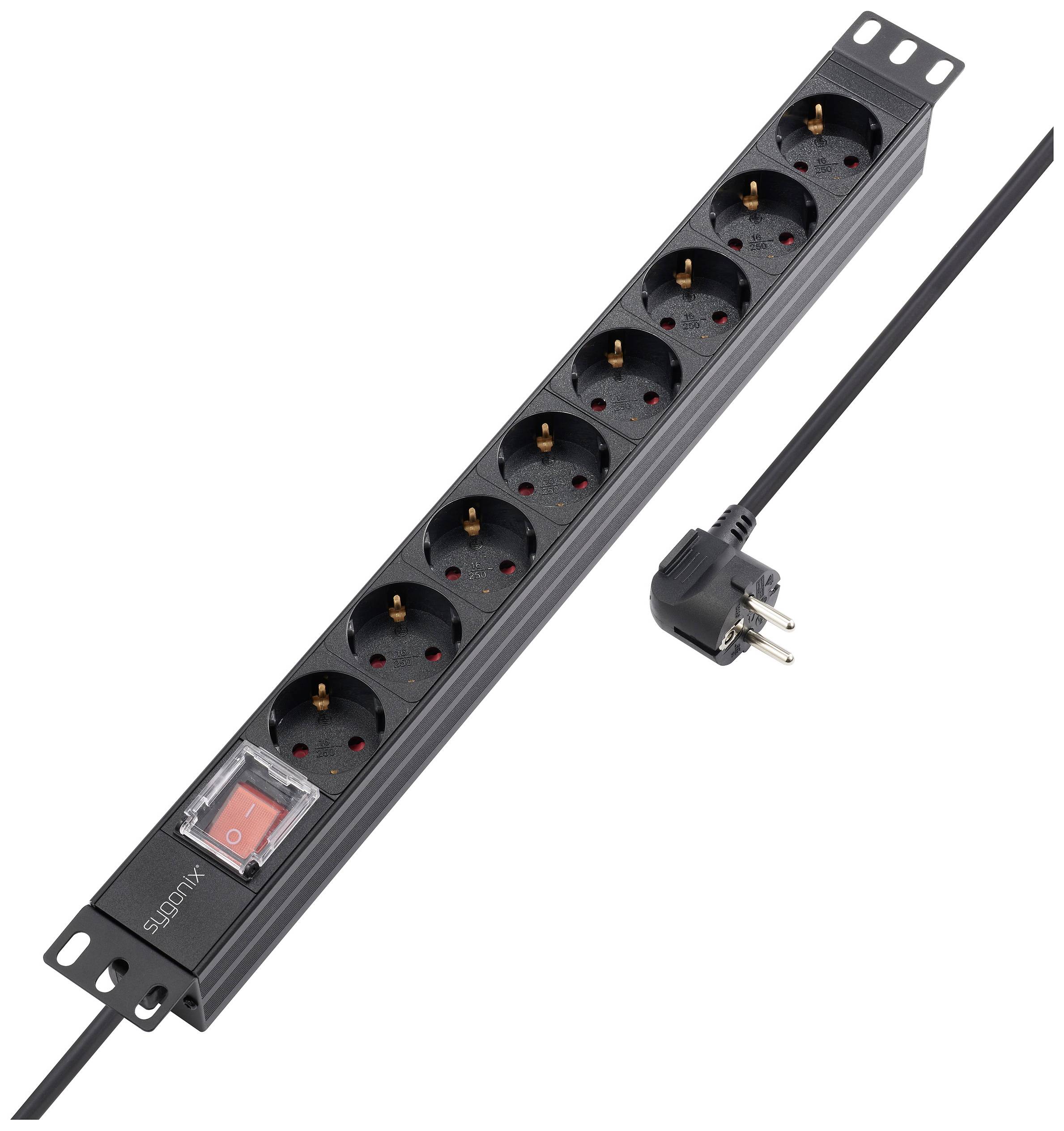Eight-way power strip with a switch located on the left side; suitable for rack mounting.