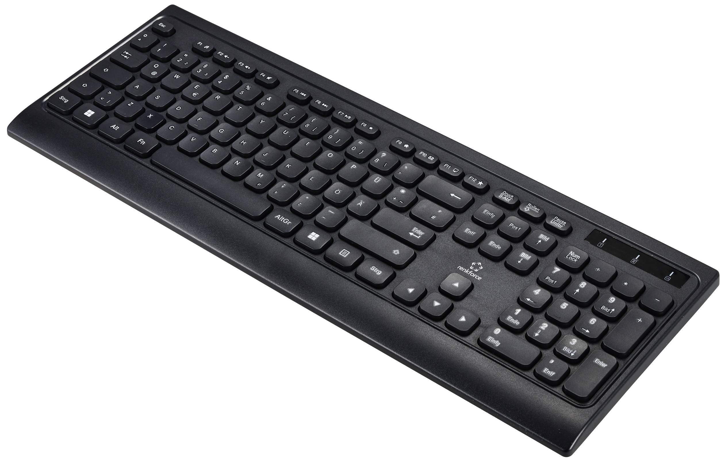 Black computer keyboard with flat keys, removable numeric keypad on the right and multimedia function keys at the top.