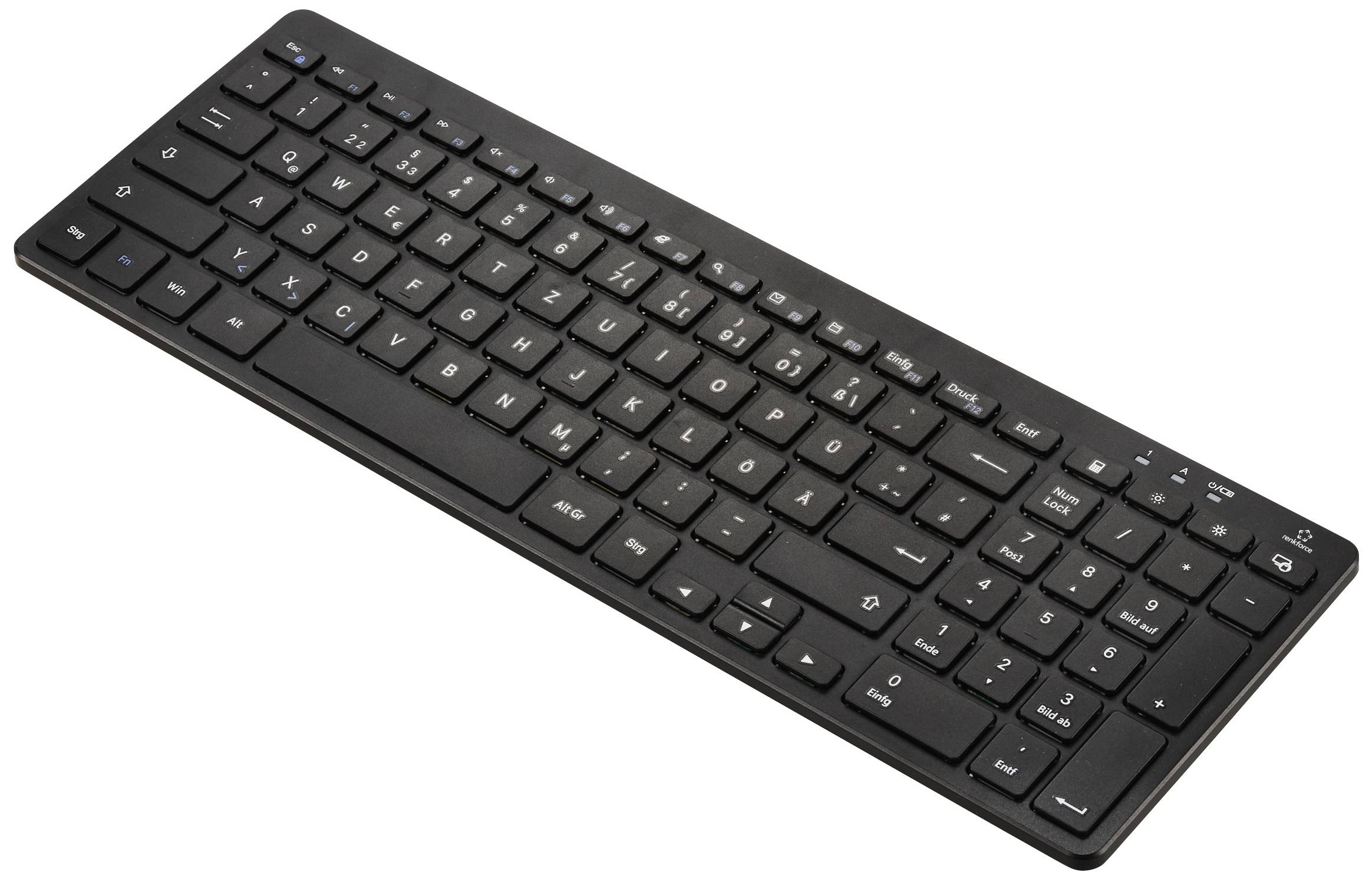 Black wireless keyboard with slim design, QWERTZ layout and flat keys for comfortable typing.