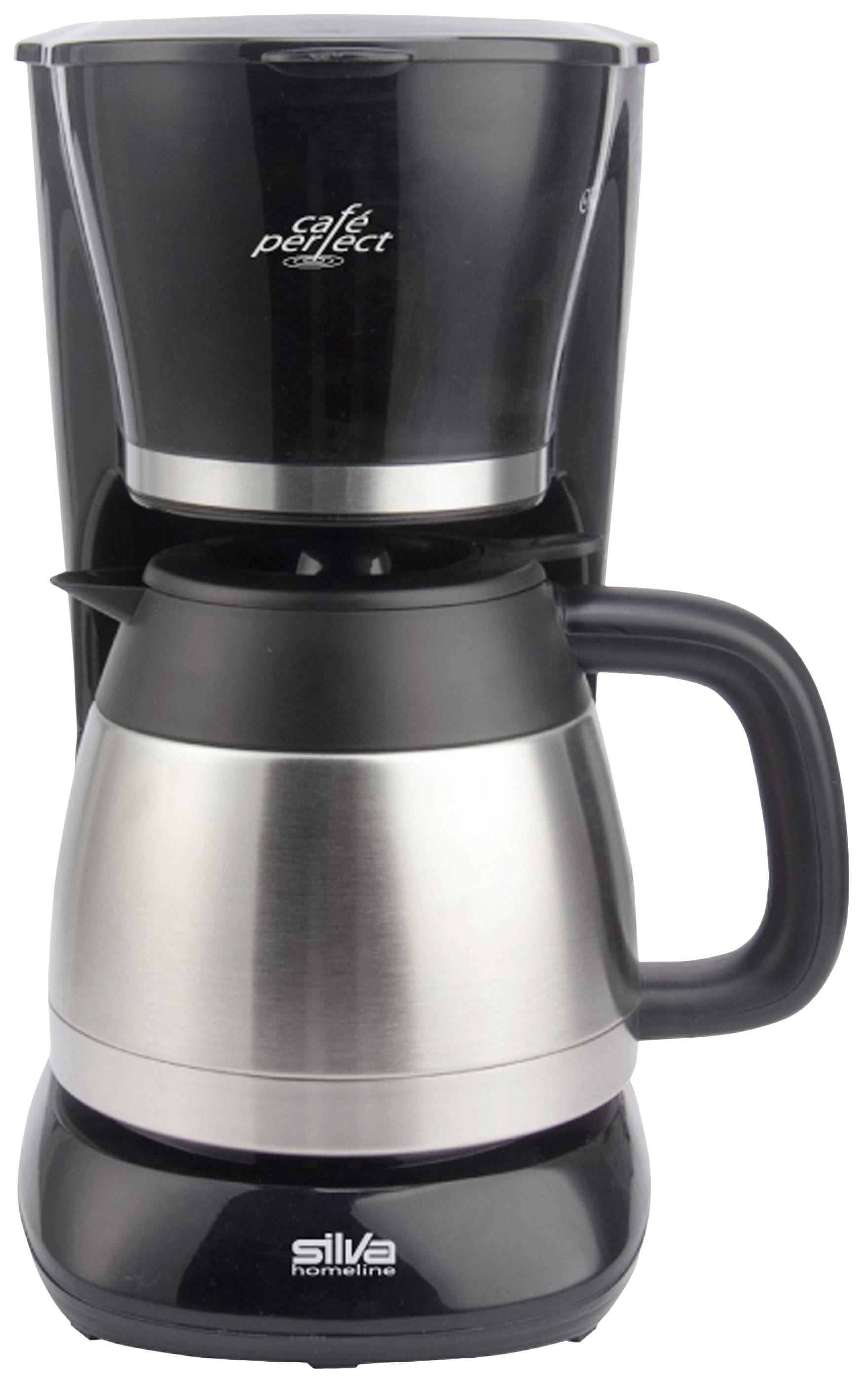 Black coffee machine with silver thermal flask. 'Silva' brand name on the front. Suitable for preparing hot beverages.