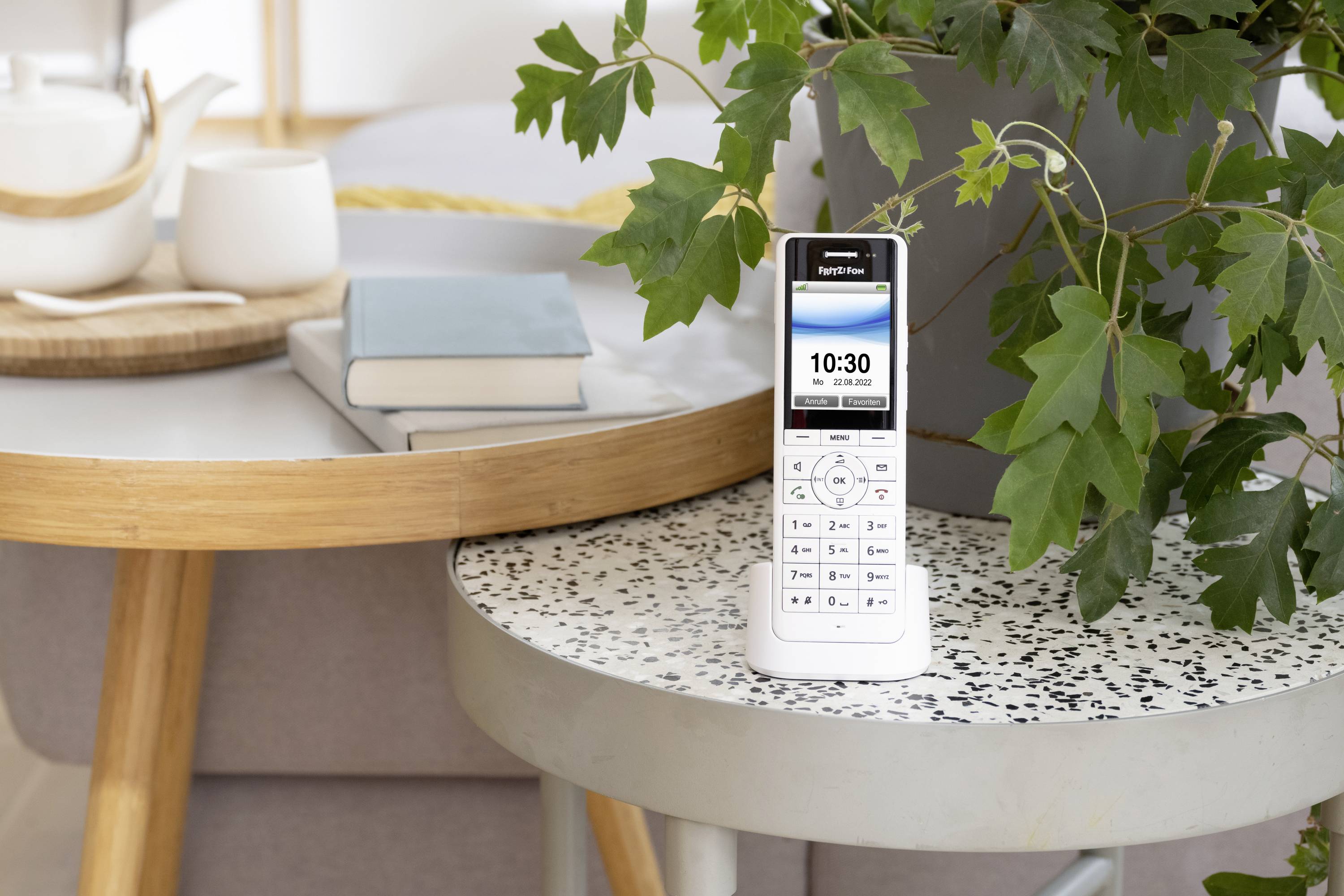 A remote control sits on a table next to plants and books, displaying the time 10:30 on its screen. A tea set is visible in the background.