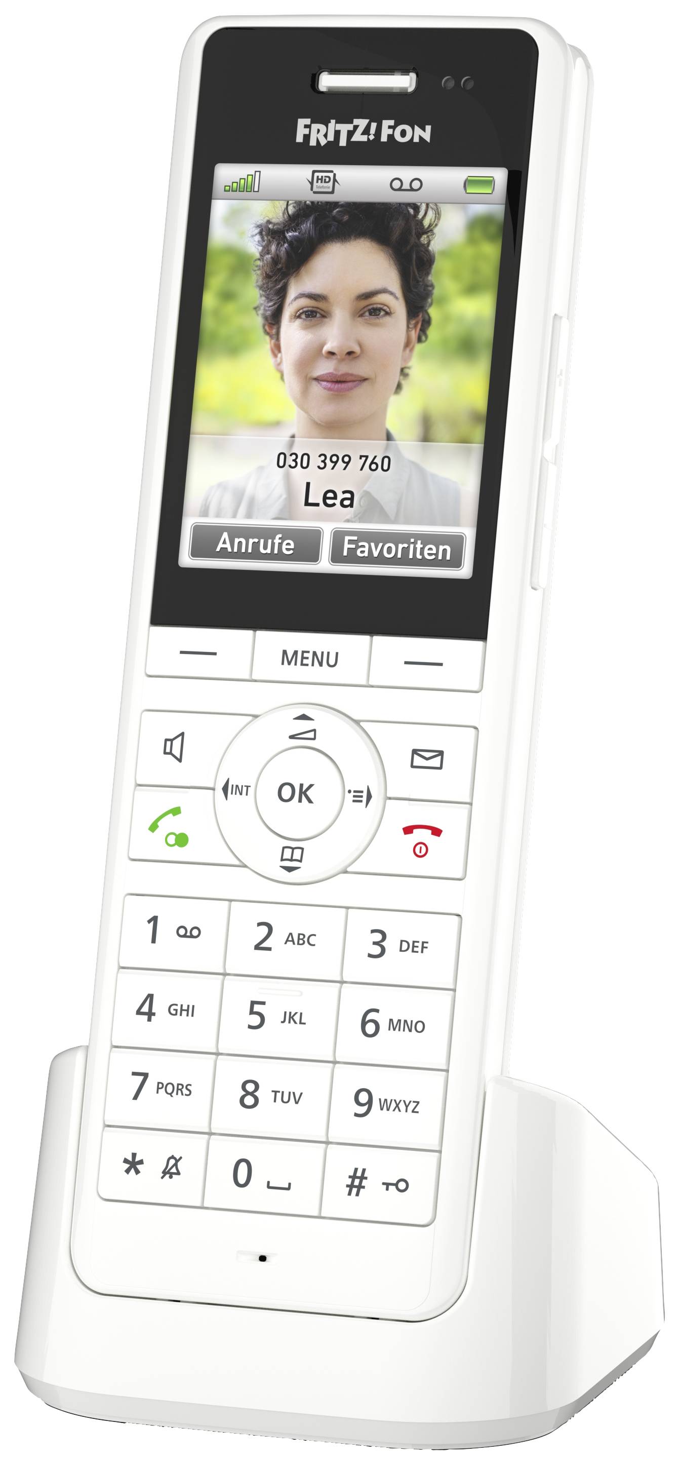 Cordless telephone with a call from 'Lea', number '030 399 760'. Options to call or add to favourites displayed on the screen.