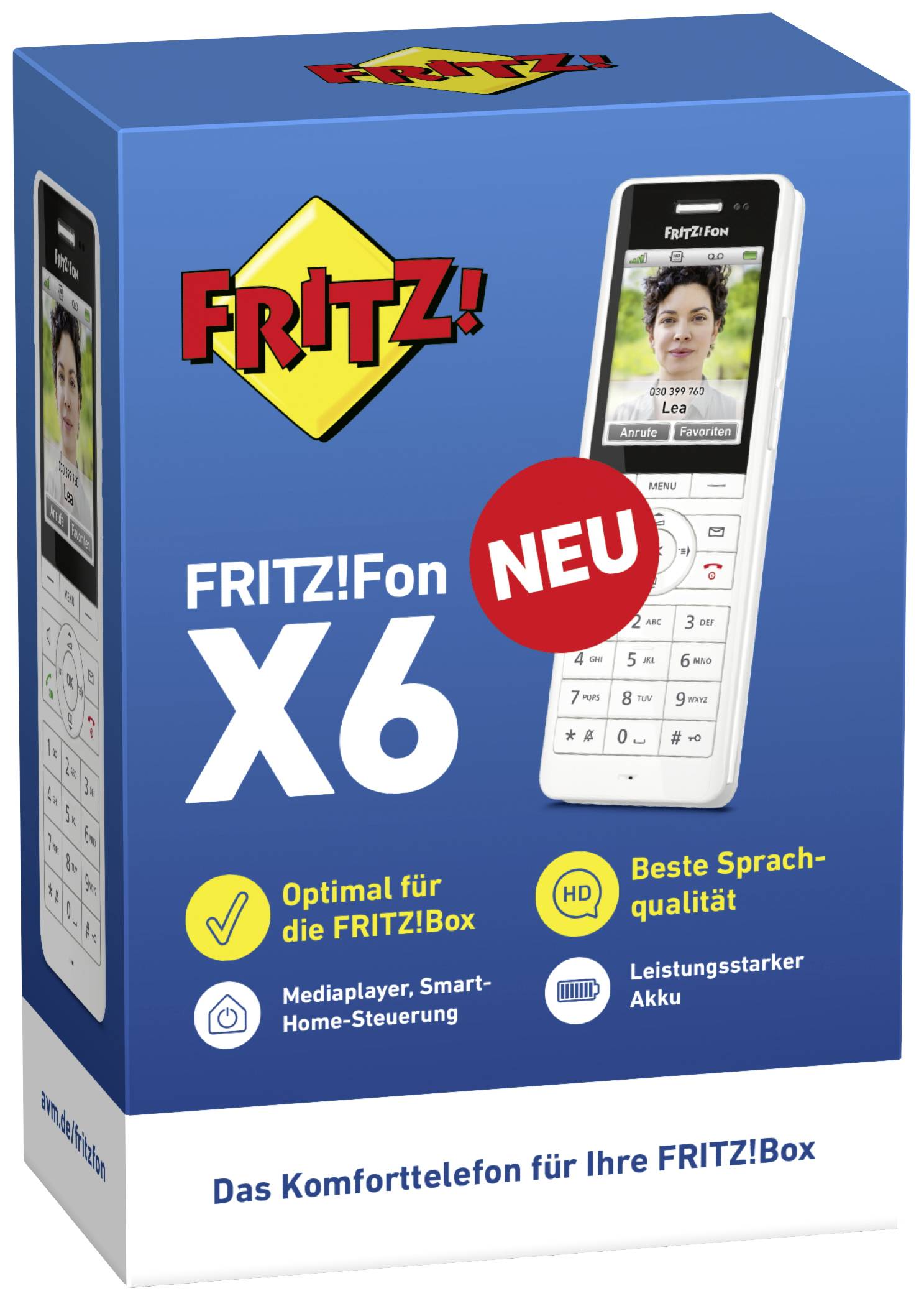 Packaging of a cordless telephone with the inscription 'FRITZ!Fon X6 NEW'. Features: optimal use with FRITZ!Box, HD voice quality, media player, smart home control, powerful battery.