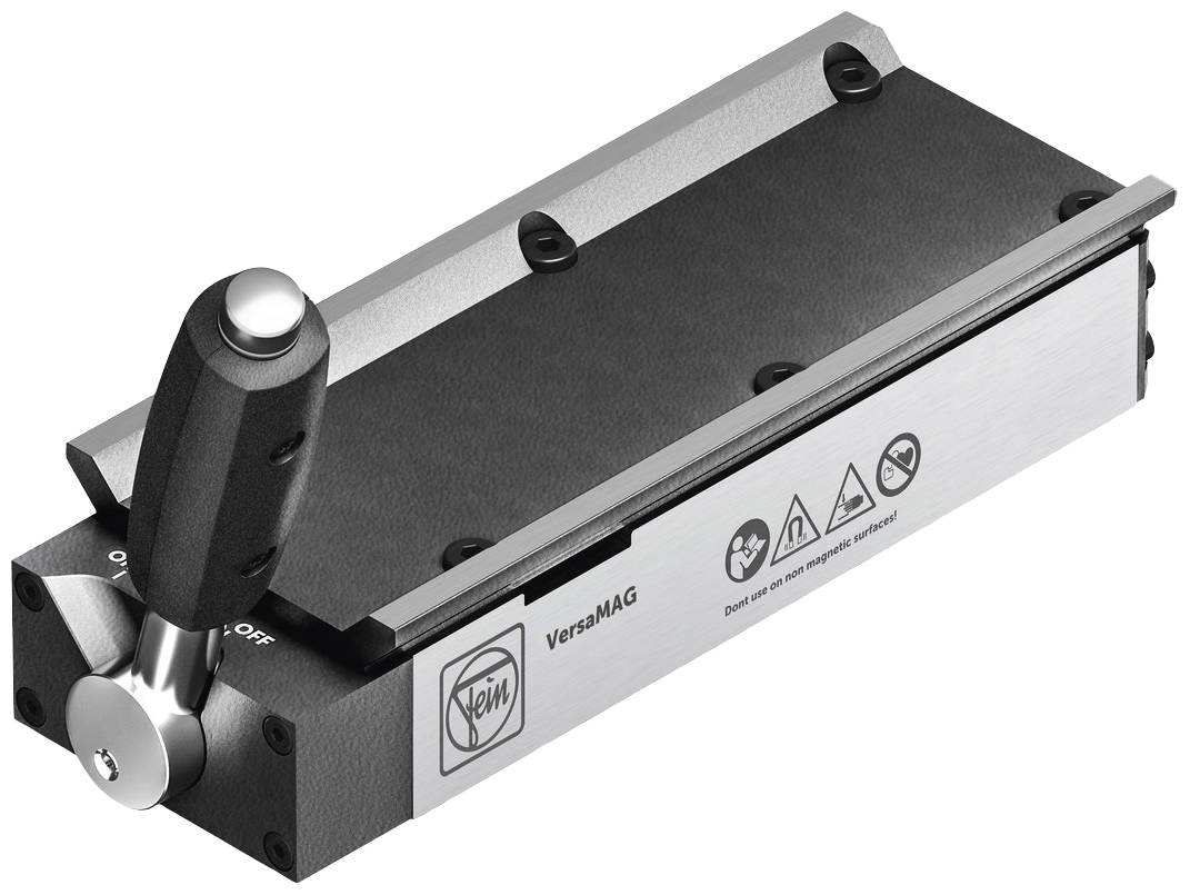 Magnetic clamping plate with lever handle, triangular logo and various warning symbols on the side. Designed for versatile mounting solutions.