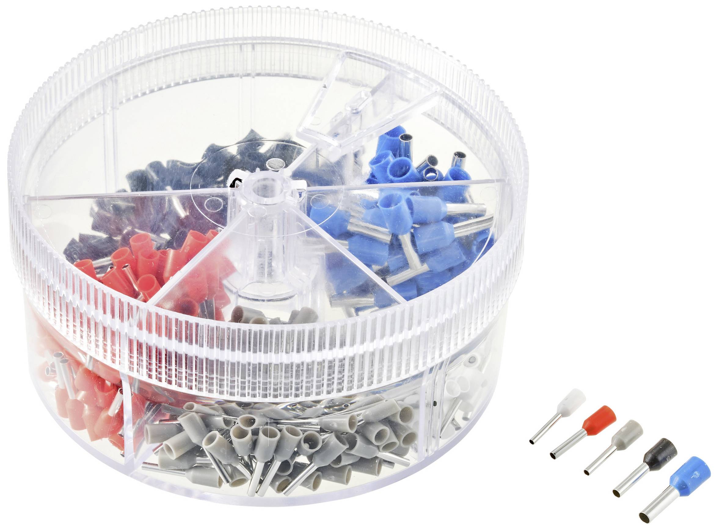 Round plastic organiser with coloured cable shoes: red, blue, grey and black. Small scale comparison shows variations.