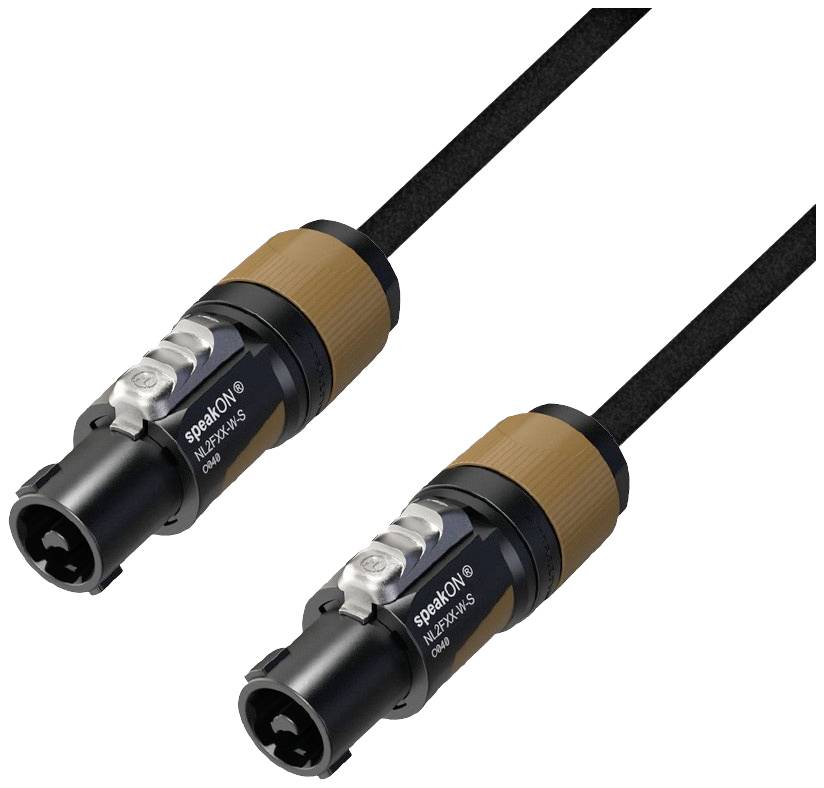 Two black speaker cables with brown connectors. They are labelled 'speakON NL4FX' and suitable for audio connections.