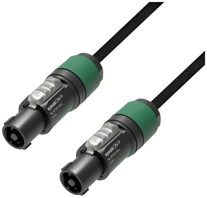 Two black Speakon cable plugs with green ends on a white background. They are designed for use in audio connections.