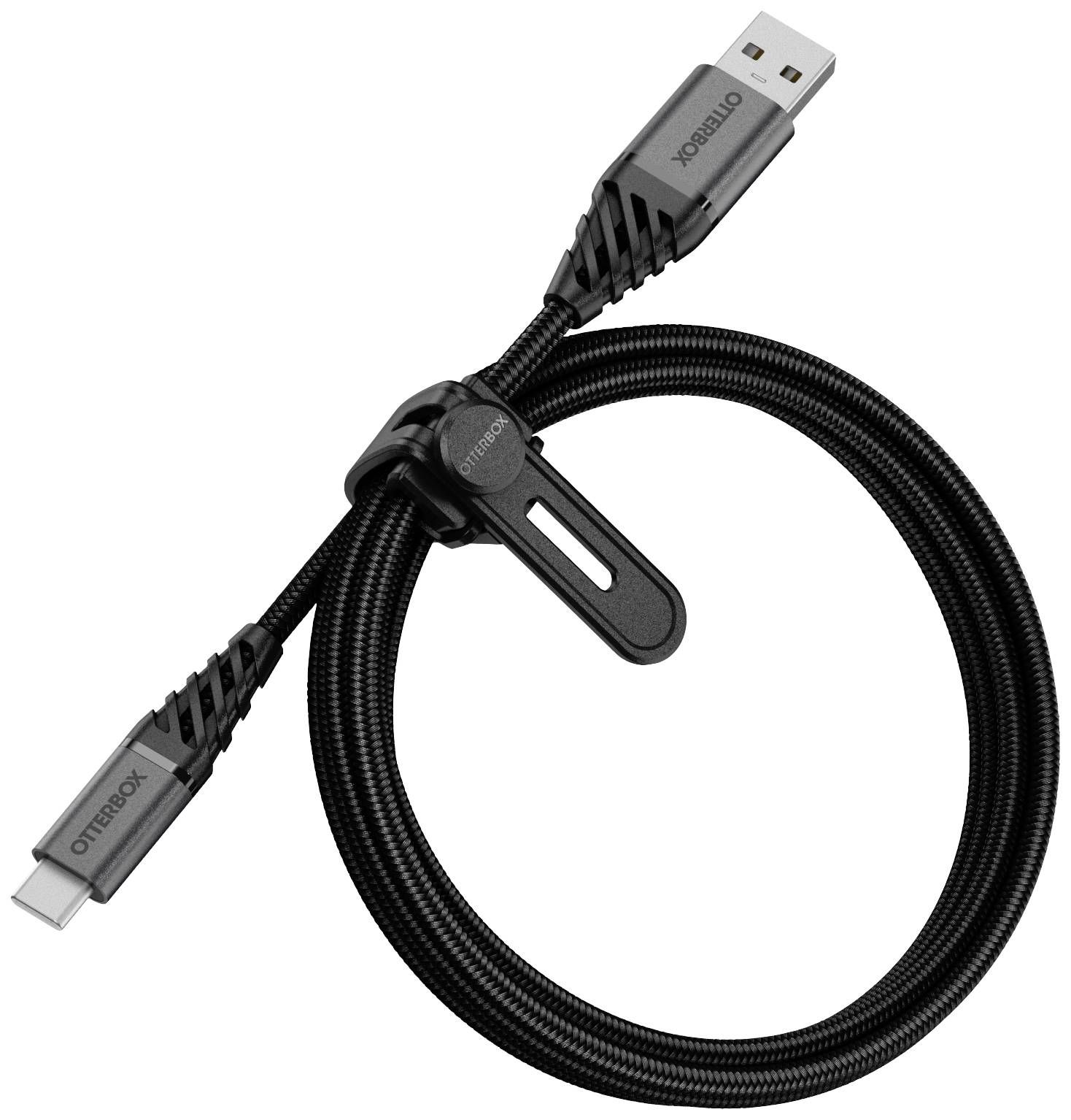 'Black USB-C to USB-A cable with fabric braiding, marked with 'Otterbox'. Cable has a handy cable tie.'