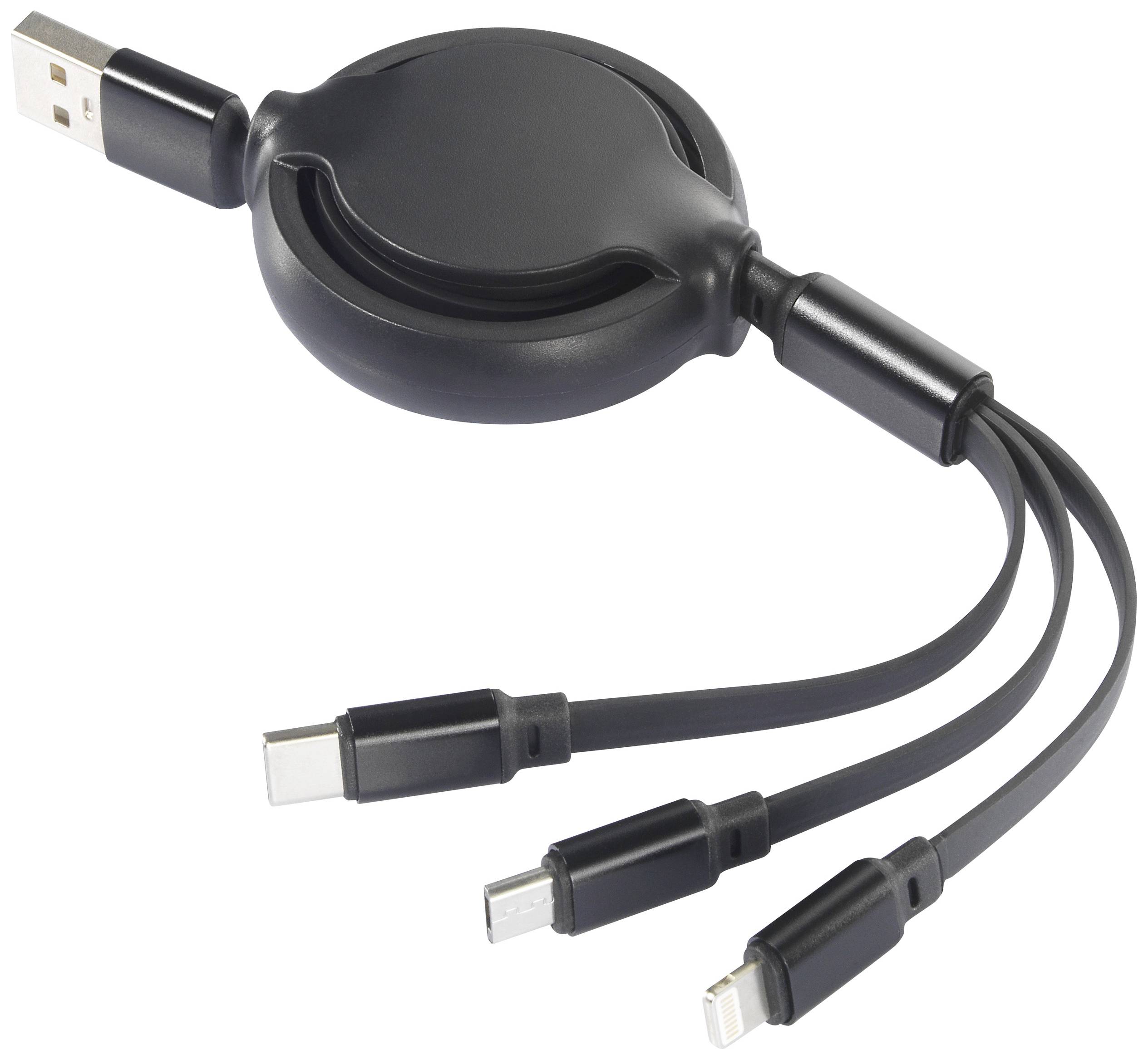 Triple USB charging cable with retractable mechanism, including USB-C, Micro-USB, and Lightning connectors for various devices.