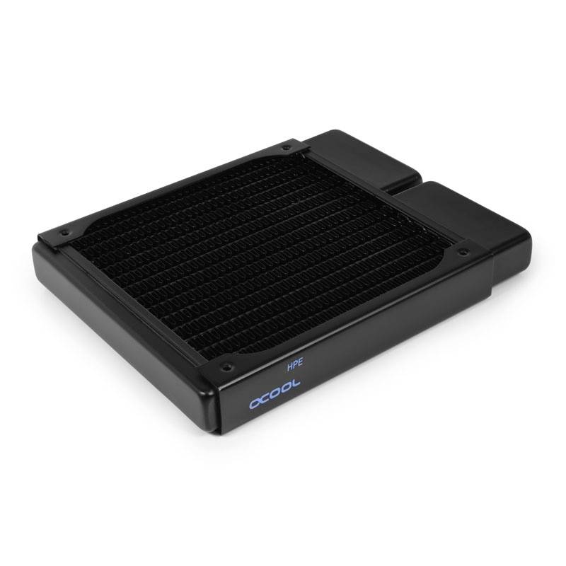 A black computer cooler with a rectangular shape and fine mesh design by 'Alphacool Eiswolf', suitable for PC cooling.