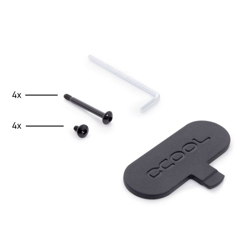 The image shows four black screws, an Allen key, and a black cover with the inscription 'COOL' as part of a set.