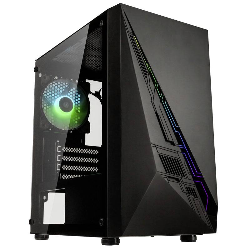 A black PC case with a transparent side panel shows an illuminated fan with green LED lighting.