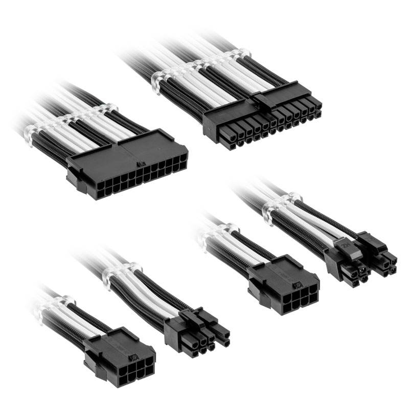Several computer power supply cables, including 24-pin and 6-pin connectors. Cables are black and white sheathed.
