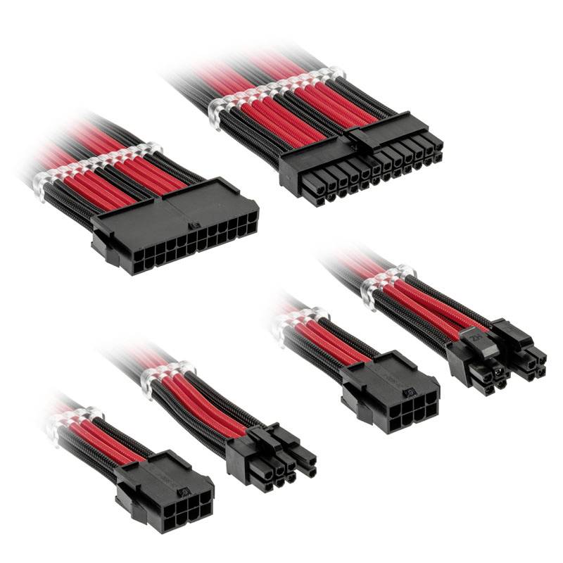 Several cables with black and red casings, suitable for PC component connections, with different connector types.